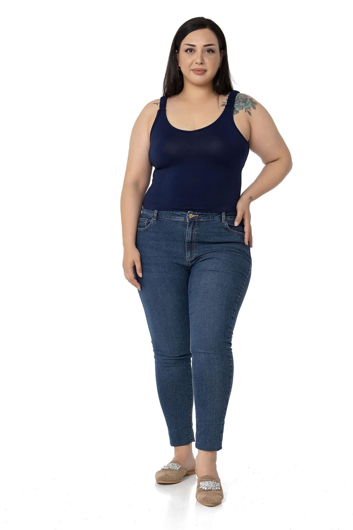 Büyük Beden Askıları Büzgülü Drapeli Crop Lacivert Body