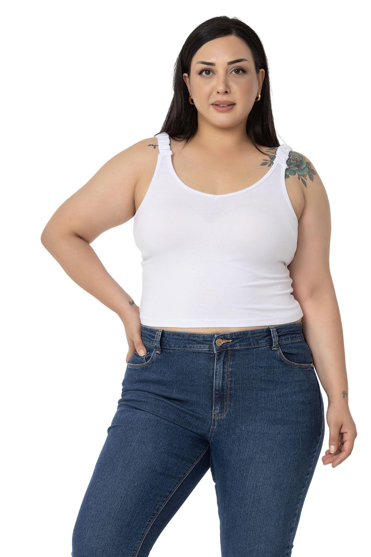 Büyük Beden Askıları Büzgülü Drapeli Crop Beyaz Body