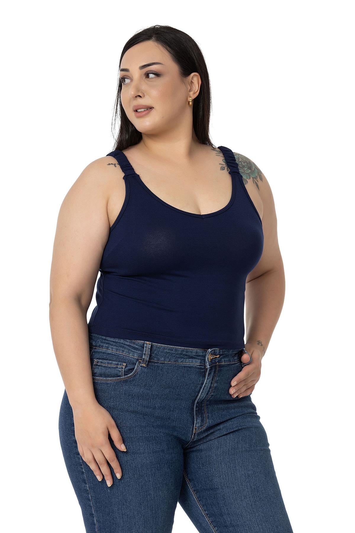 Büyük Beden Askıları Büzgülü Drapeli Crop Lacivert Body