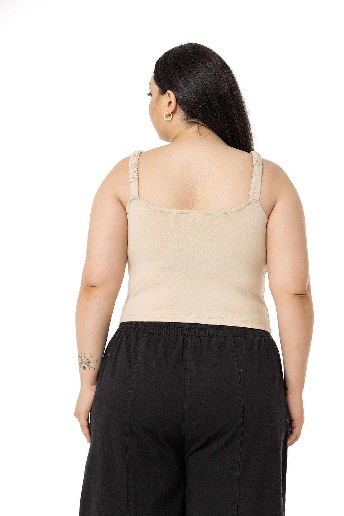 Büyük Beden Askıları Büzgülü Drapeli Crop Bej Rengi Body