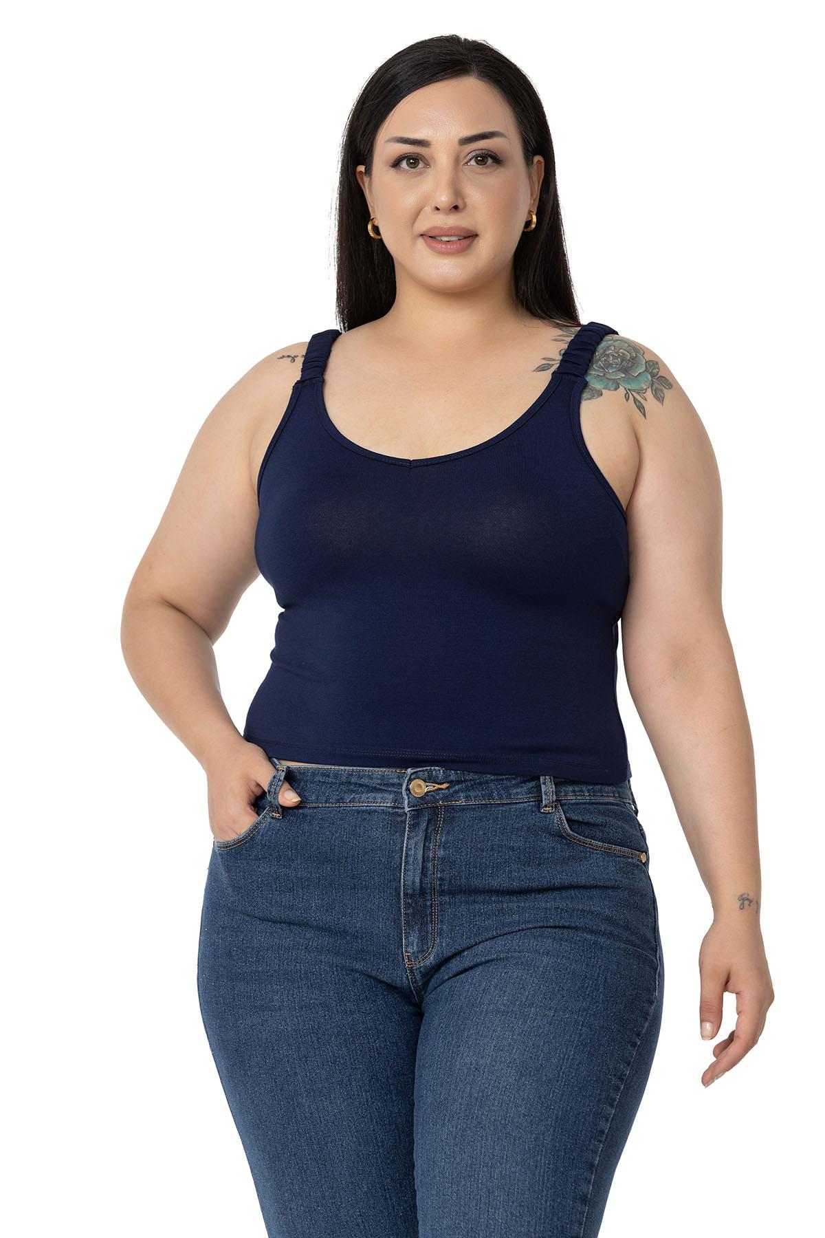 Büyük Beden Askıları Büzgülü Drapeli Crop Lacivert Body