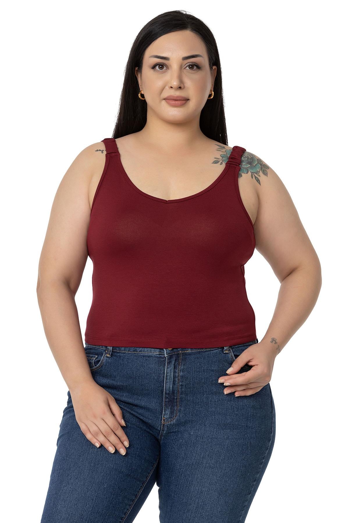 Büyük Beden Askıları Büzgülü Drapeli Crop Bordo Body