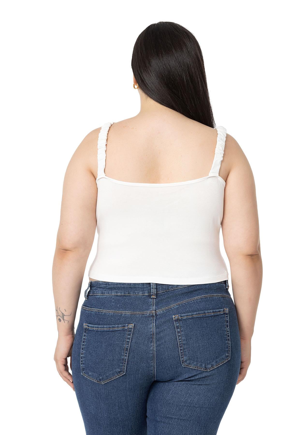 Büyük Beden Askıları Büzgülü Drapeli Crop Ekru Body