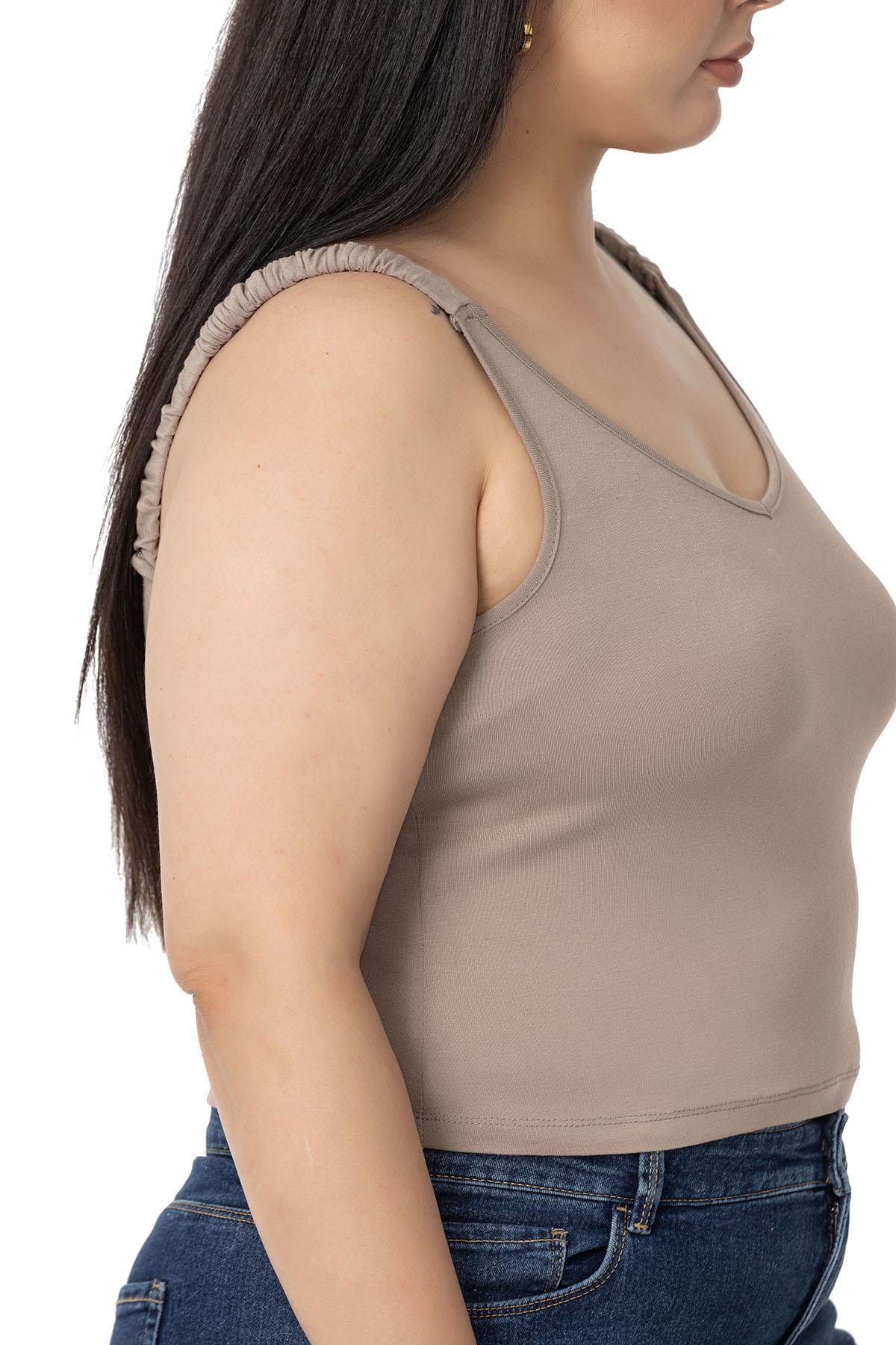 Büyük Beden Askıları Büzgülü Drapeli Crop Vizon Body