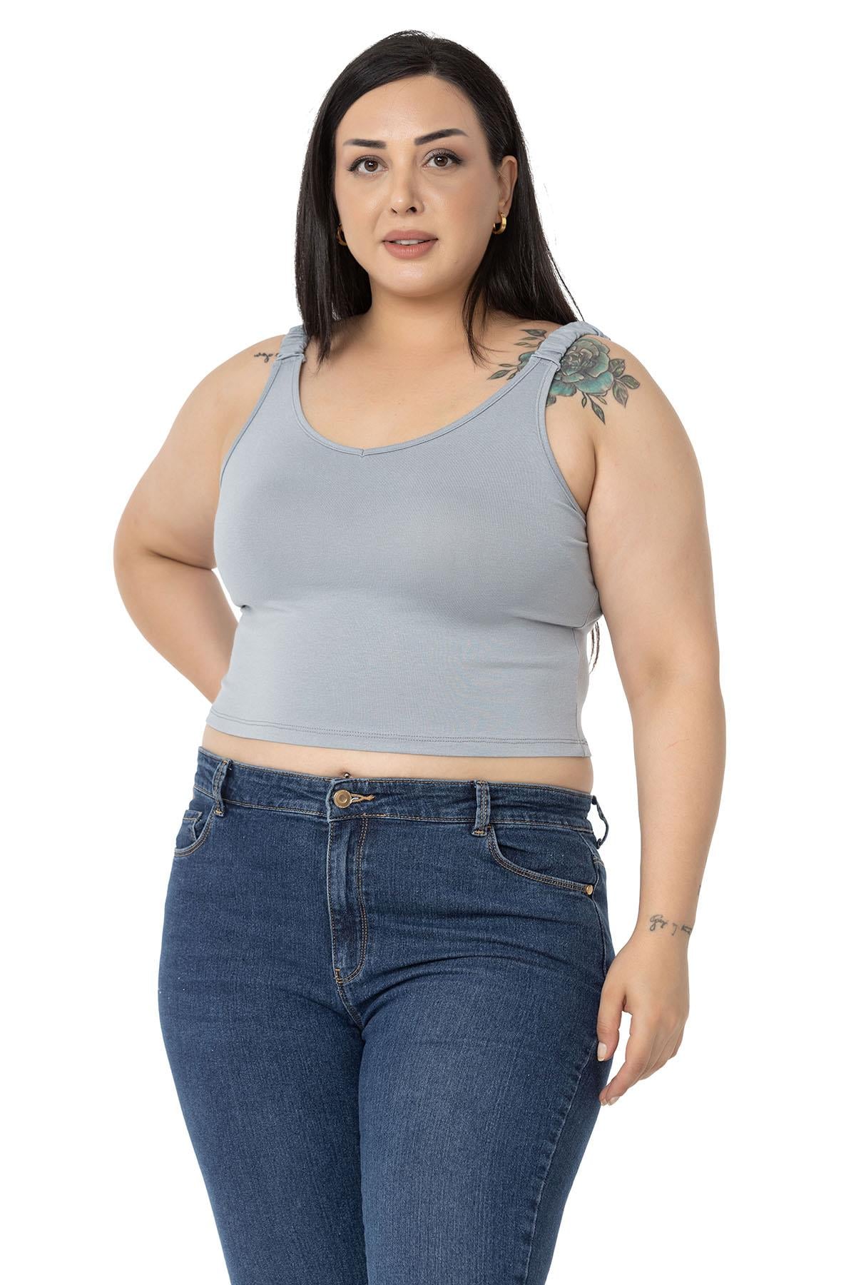 Büyük Beden Askıları Büzgülü Drapeli Crop Gri Body