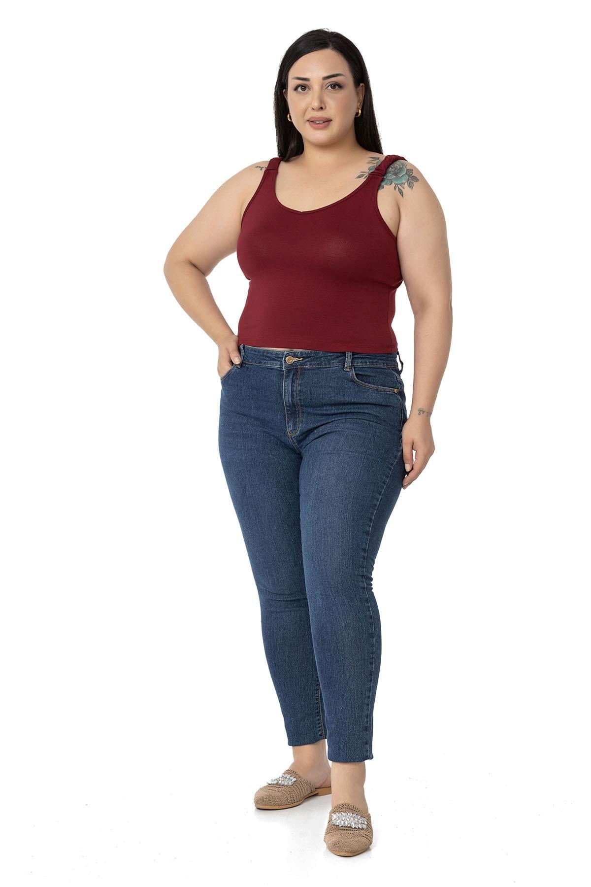 Büyük Beden Askıları Büzgülü Drapeli Crop Bordo Body