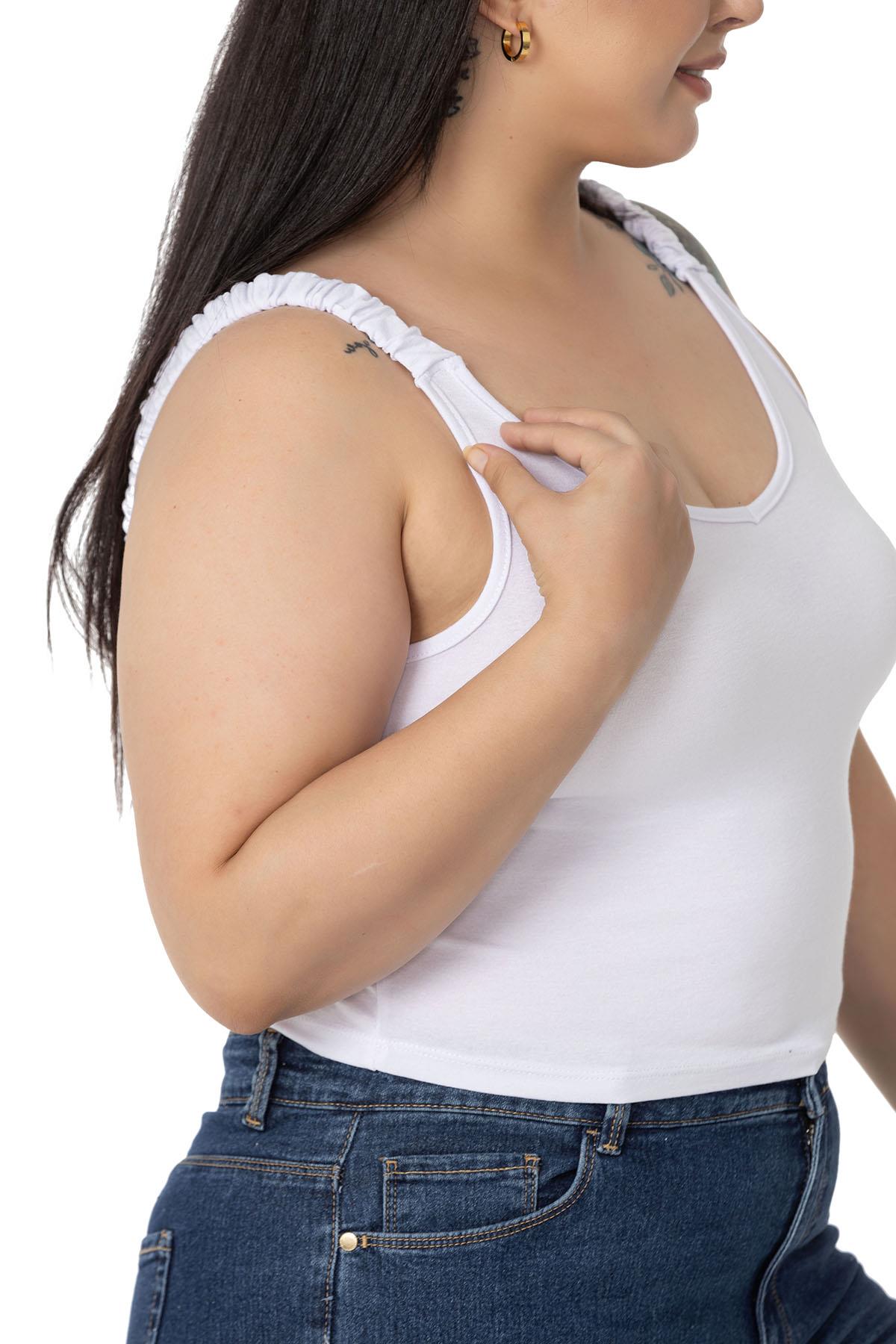 Büyük Beden Askıları Büzgülü Drapeli Crop Beyaz Body