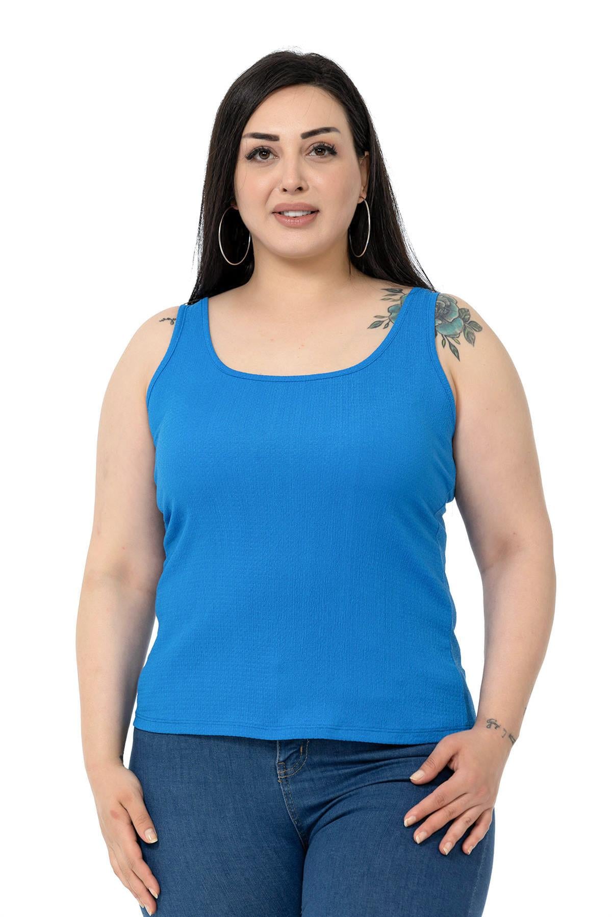 Büyük Beden Askılı Bürümcük Saks Mavi Body