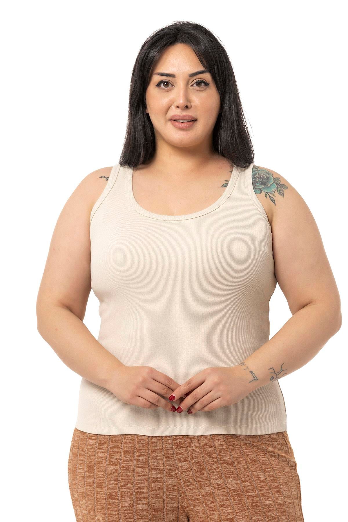 Büyük Beden Askılı Fitilli Kaşkorse Bej Rengi Body
