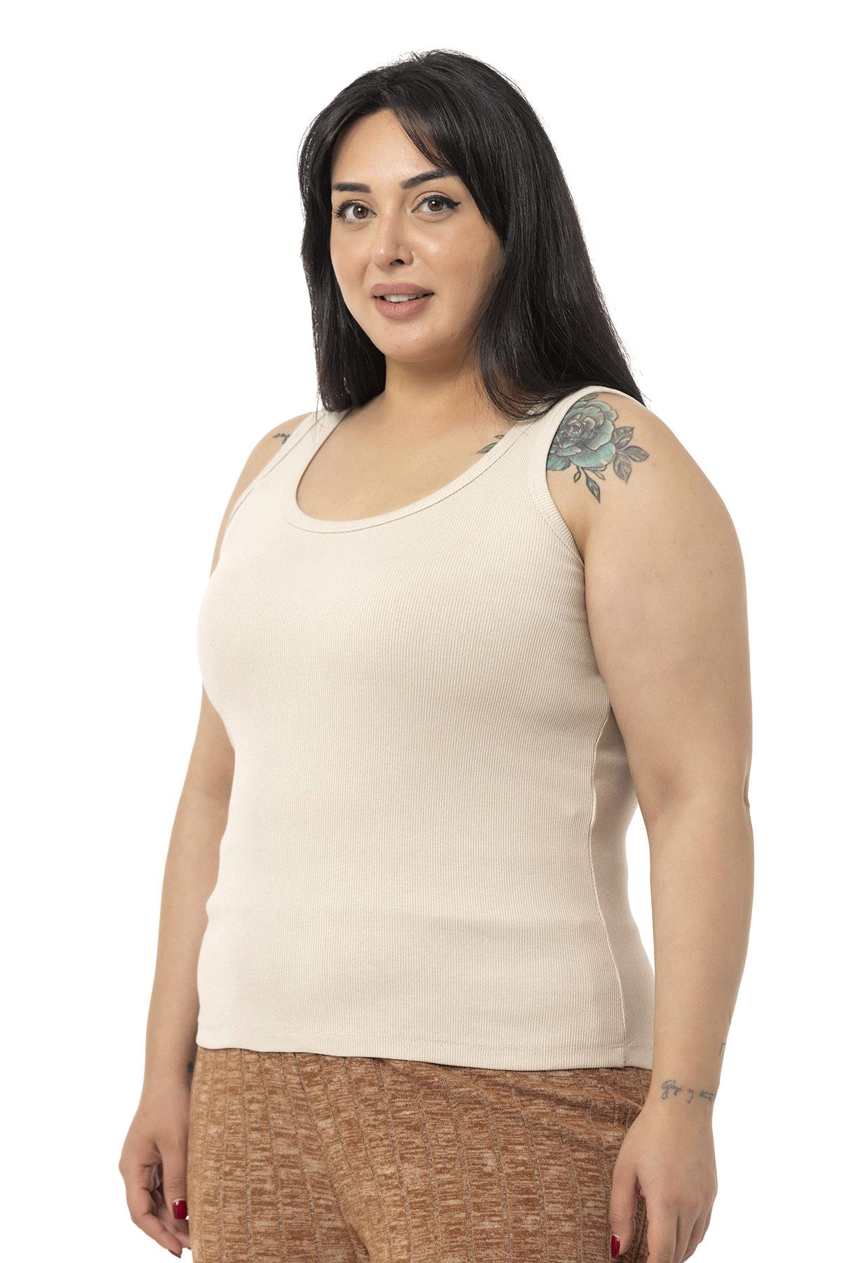 Büyük Beden Askılı Fitilli Kaşkorse Bej Rengi Body