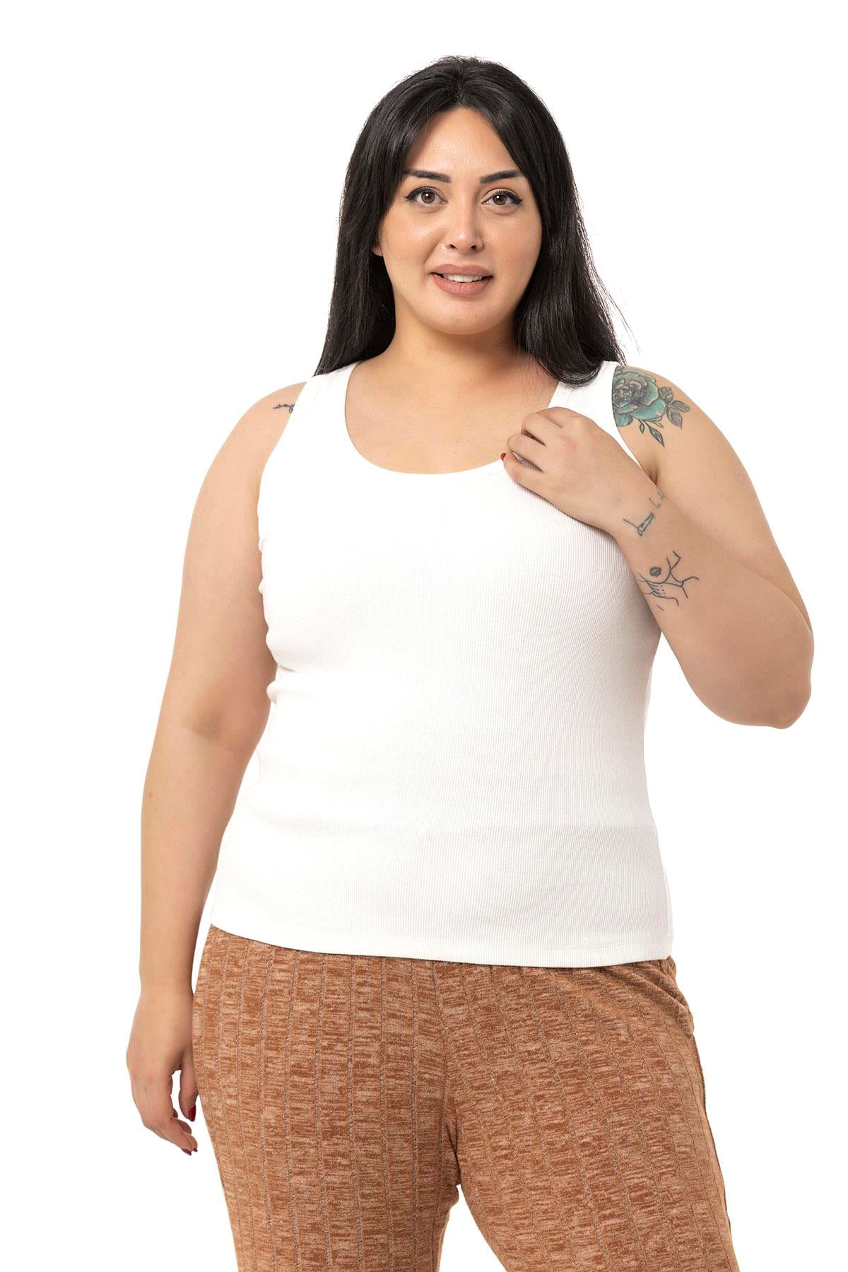 Büyük Beden Askılı Fitilli Kaşkorse Ekru Body
