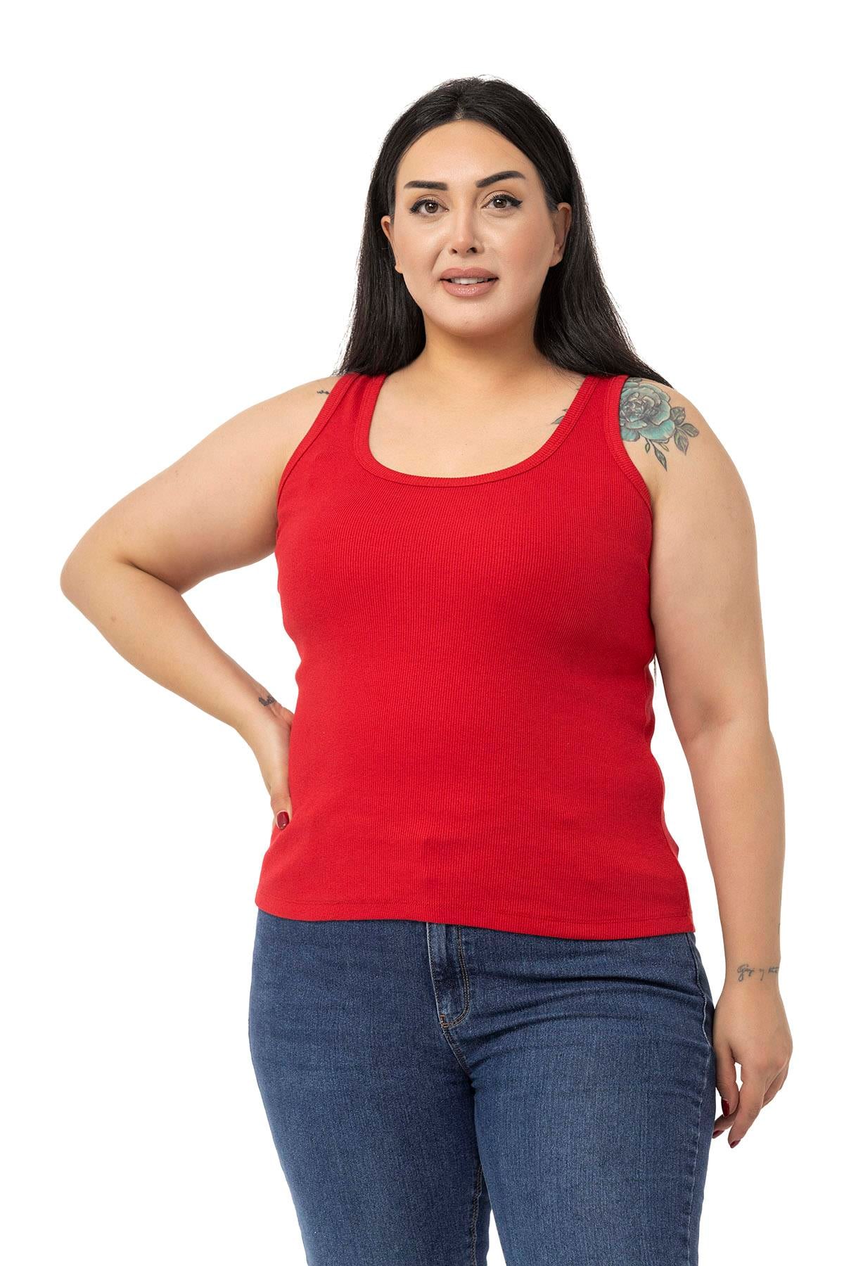 Büyük Beden Askılı Fitilli Kaşkorse Kırmızı Body