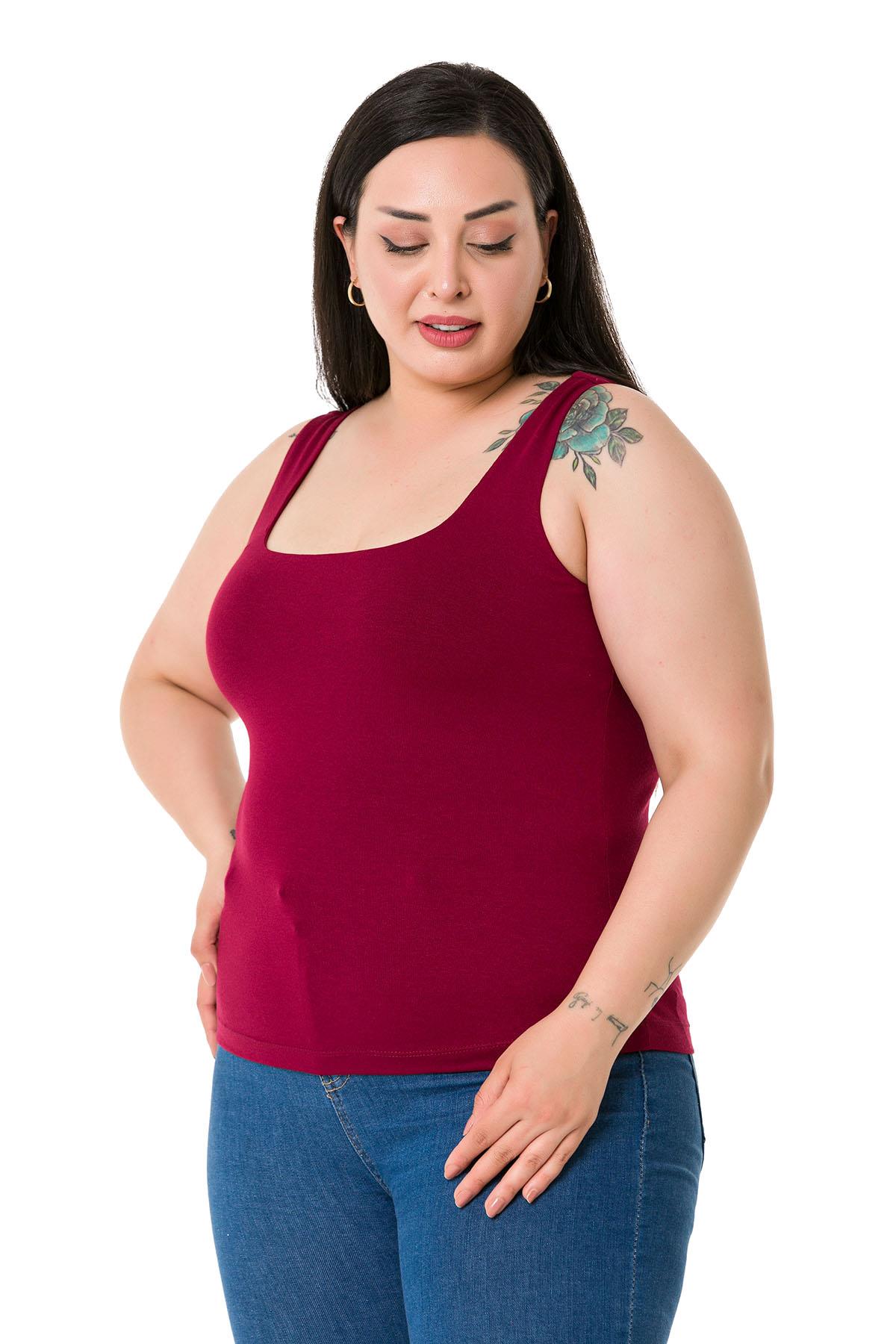 Büyük Beden Askılı Yarım Astarlı Viskon Bordo Body