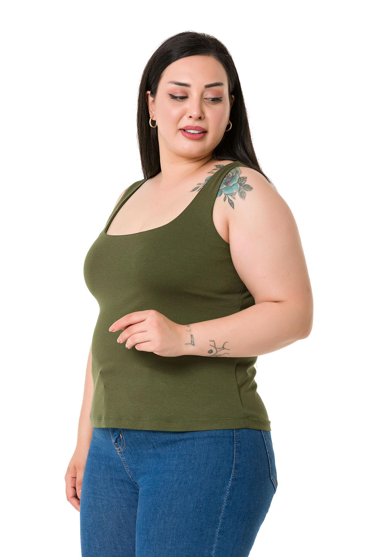 Büyük Beden Askılı Yarım Astarlı Viskon Haki Body