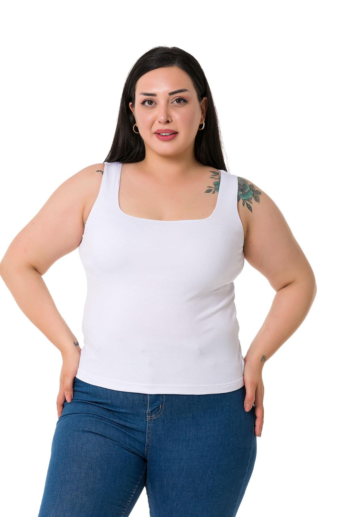Büyük Beden Askılı Yarım Astarlı Viskon Beyaz Body