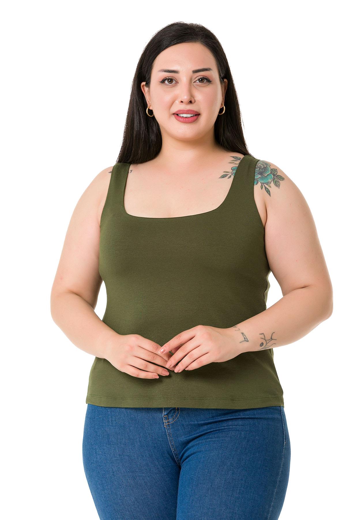 Büyük Beden Askılı Yarım Astarlı Viskon Haki Body