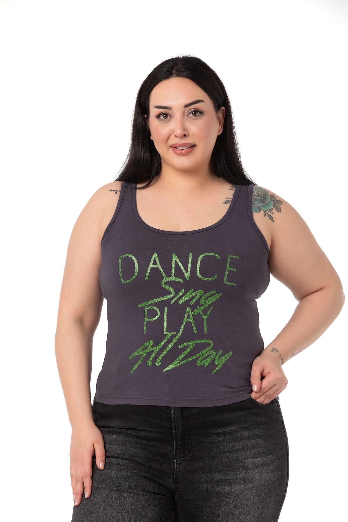 Büyük Beden Askılı Yazılı Antrasit T-shirt