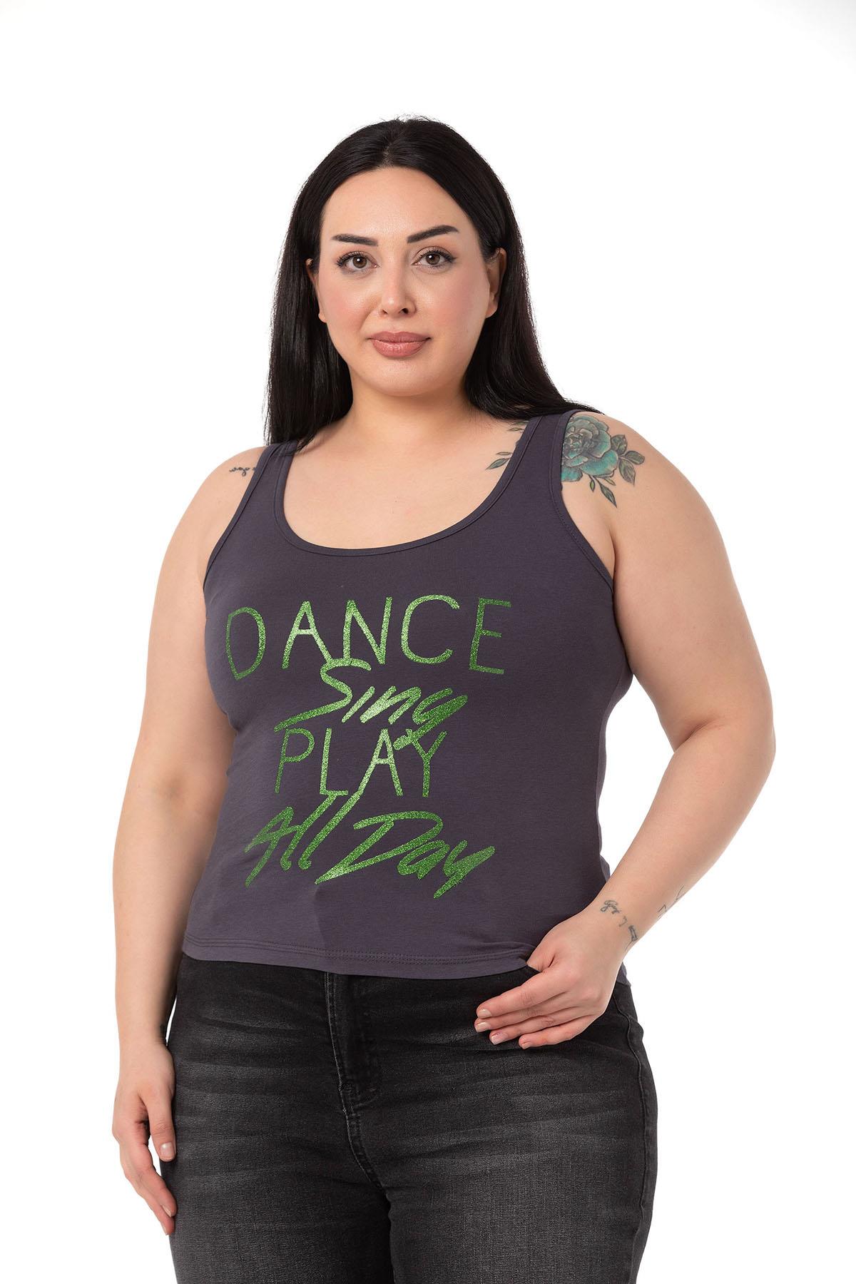 Büyük Beden Askılı Yazılı Antrasit T-shirt