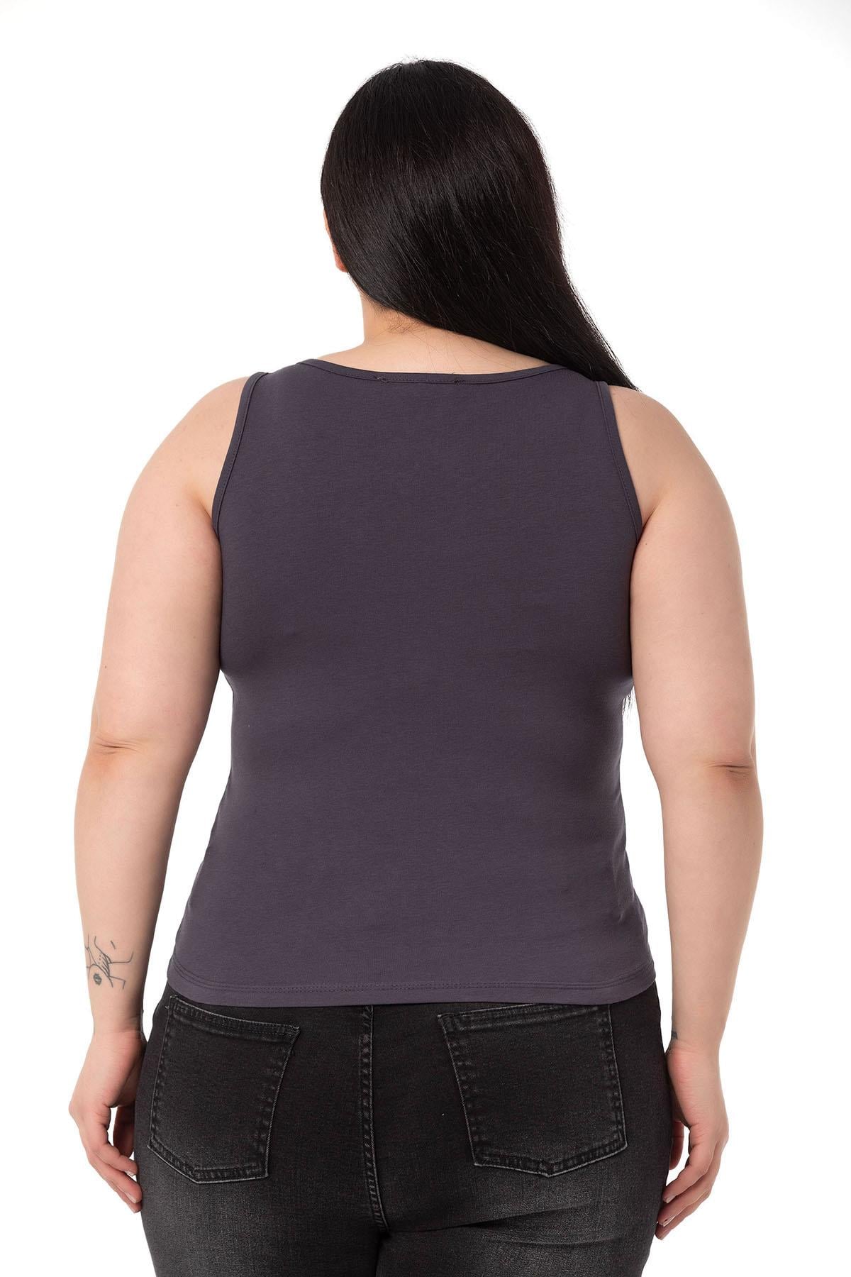 Büyük Beden Askılı Yazılı Antrasit T-shirt