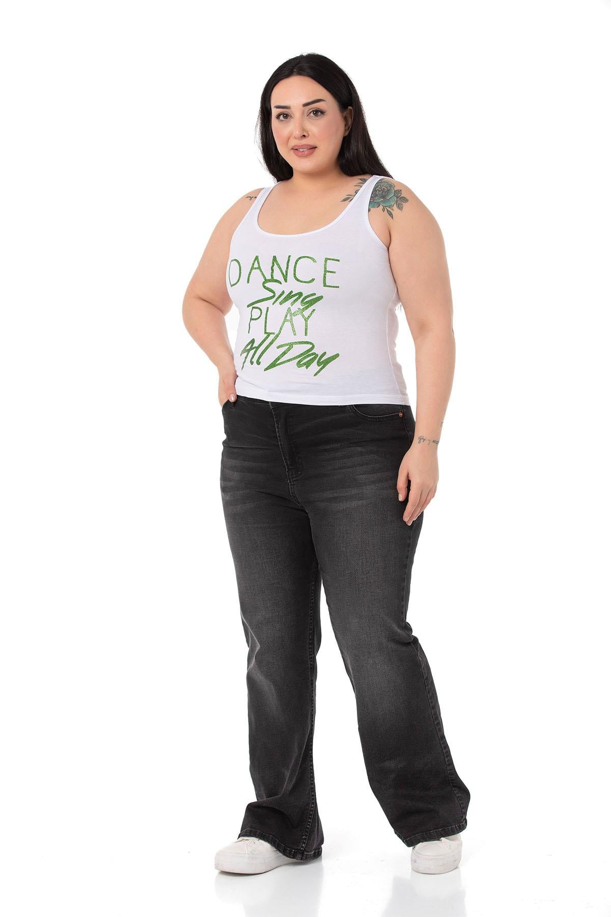 Plus Size Strappy Written White Green T-shirt