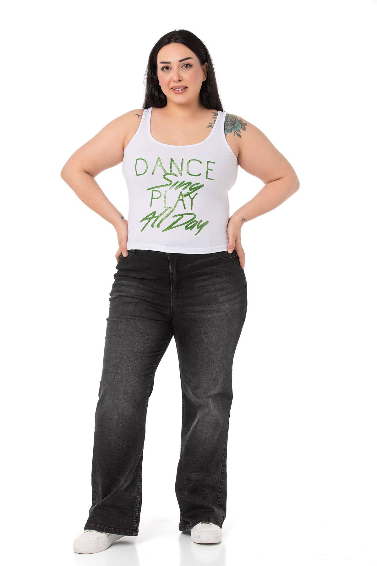 Plus Size Strappy Written White Green T-shirt