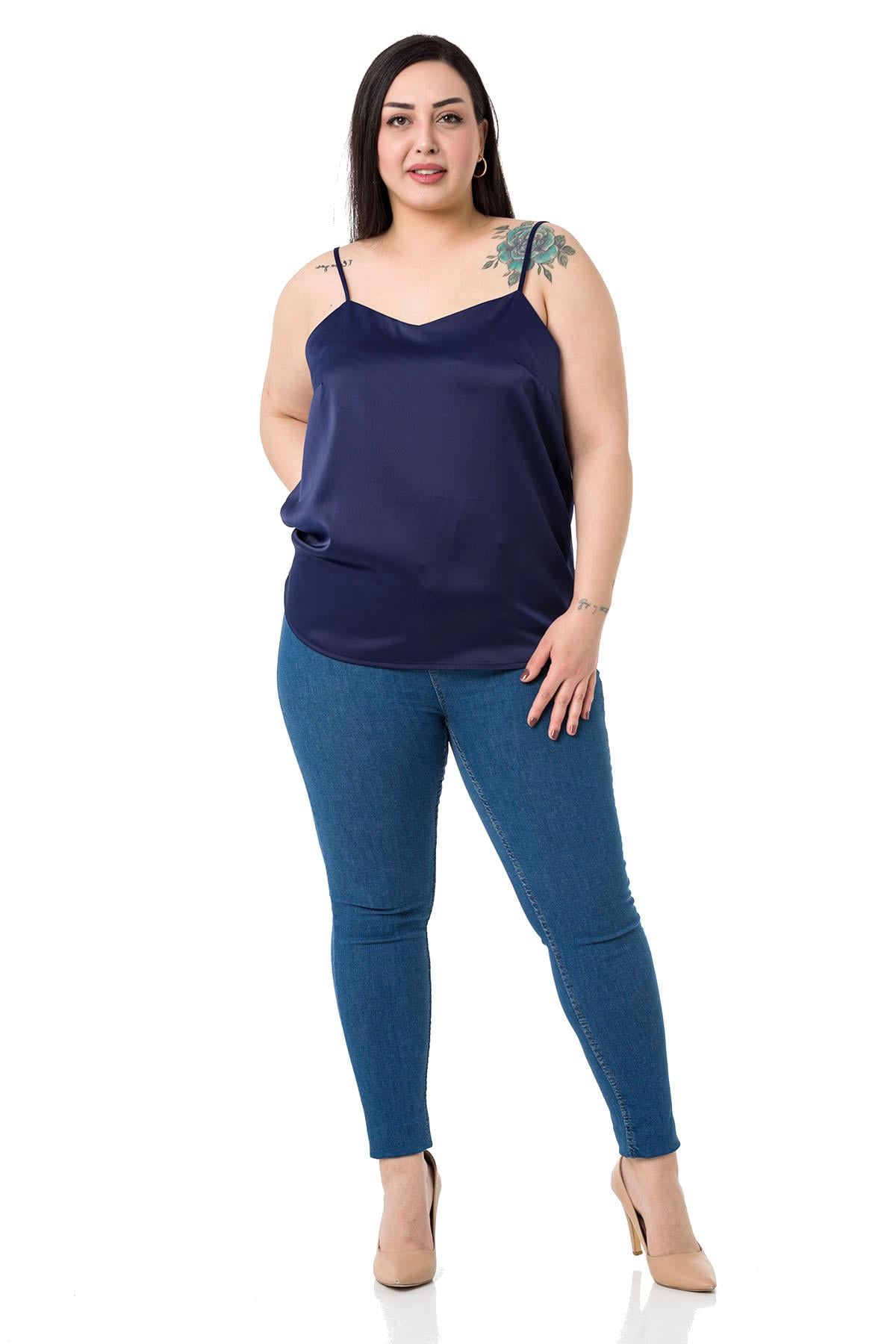 Plus Size Adjustable Thin Straps Satin Navy Blue Blouse