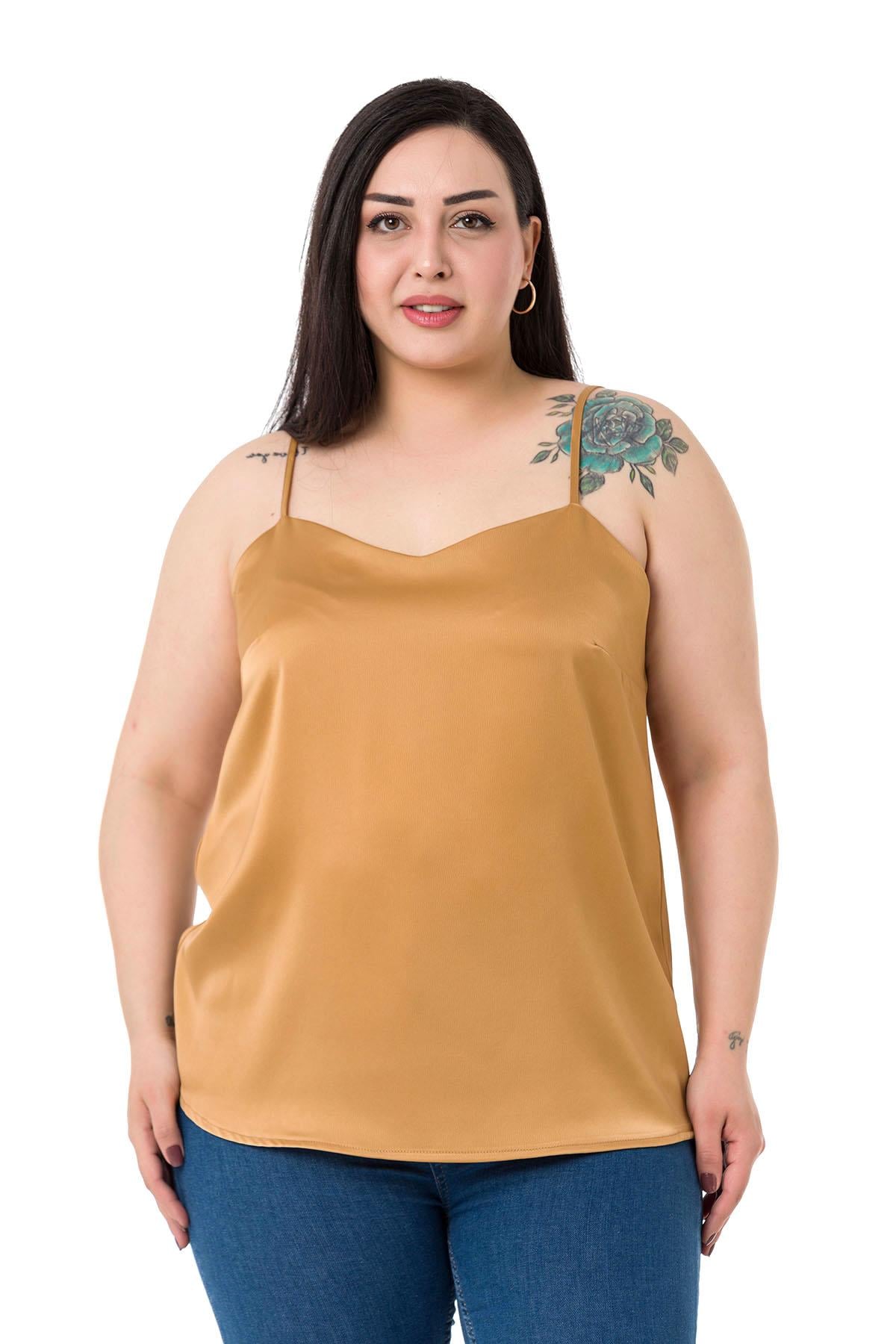 Plus Size Adjustable Thin Straps Satin Camel Blouse