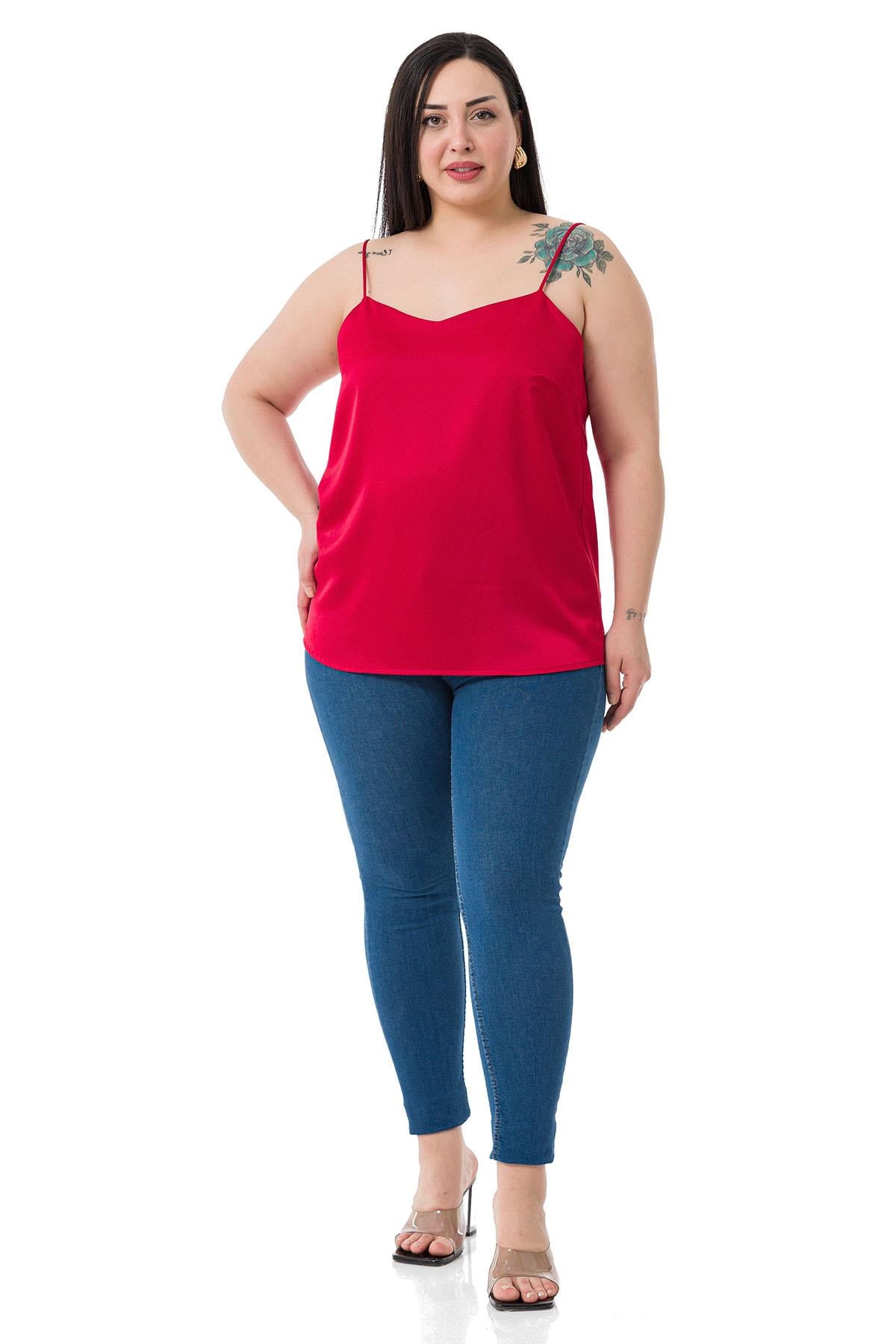 Plus Size Adjustable Thin Straps Satin Red Blouse