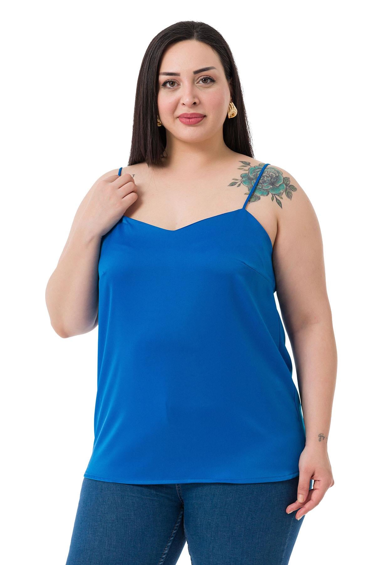 Plus Size Adjustable Thin Straps Satin Saks Blue Blouse