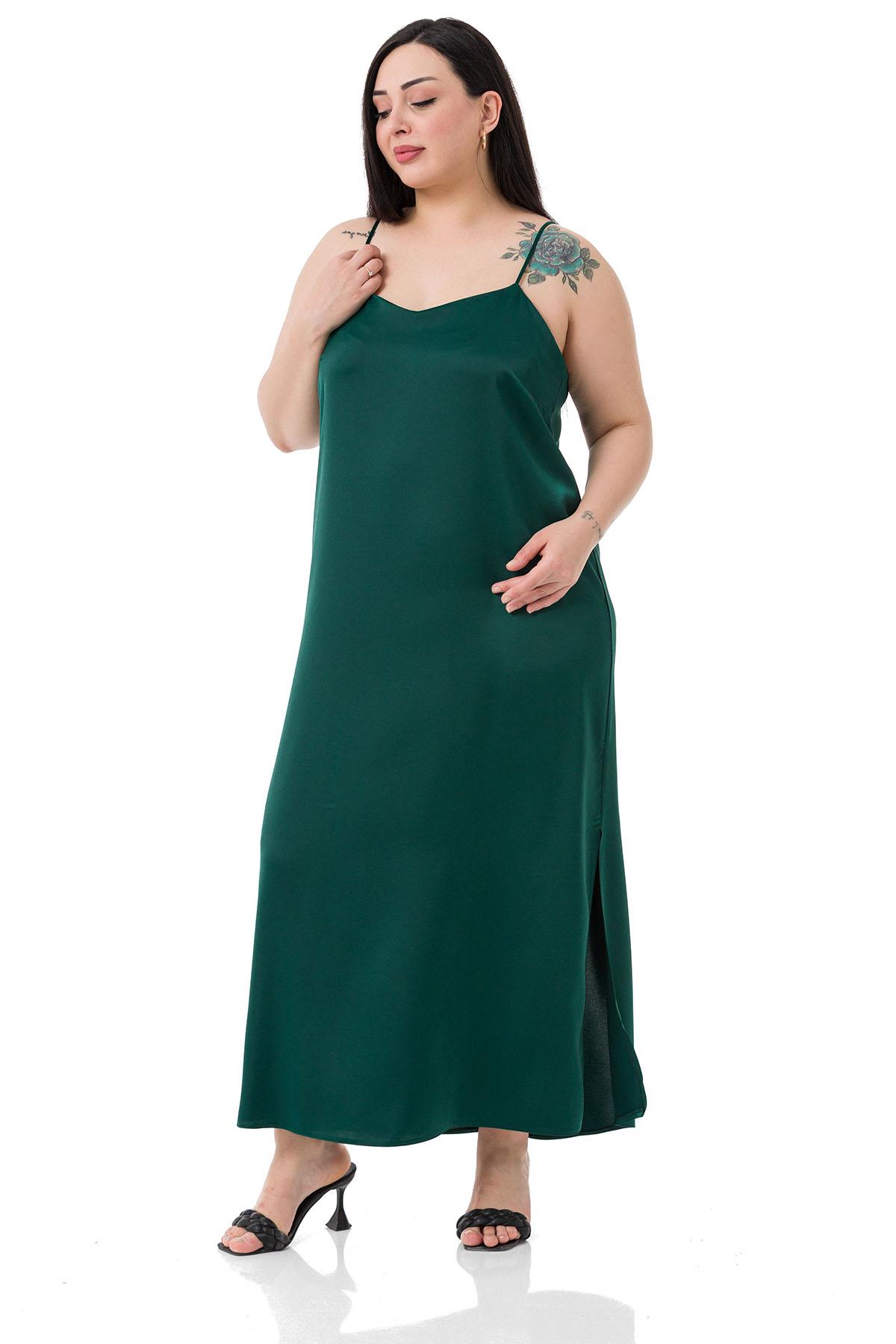 Plus Size Adjustable Thin Strap Satin Emerald Dress with Side Slit