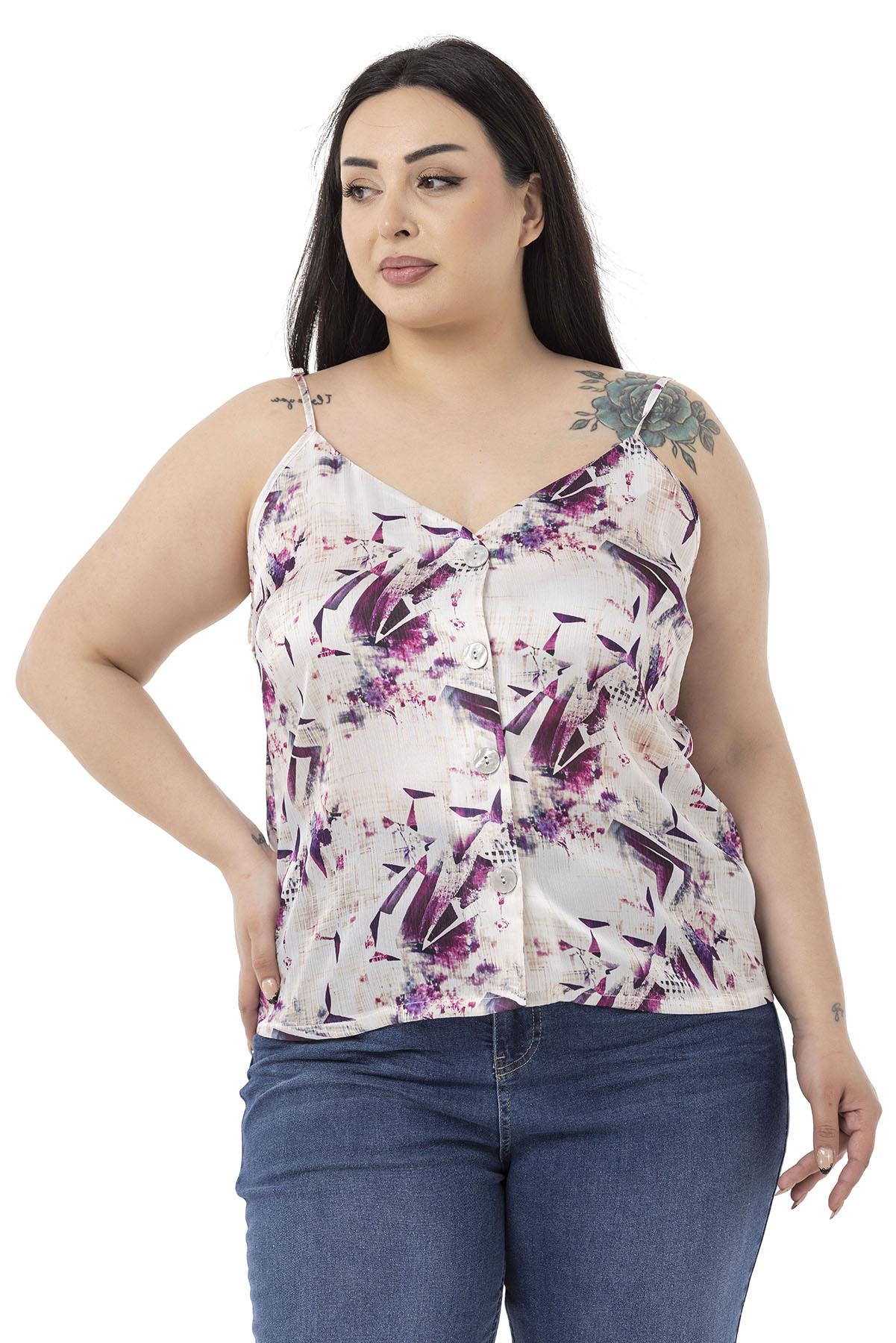 Plus Size Adjustable Thin Straps Front Buttoned Floral Patterned Purple Blouse