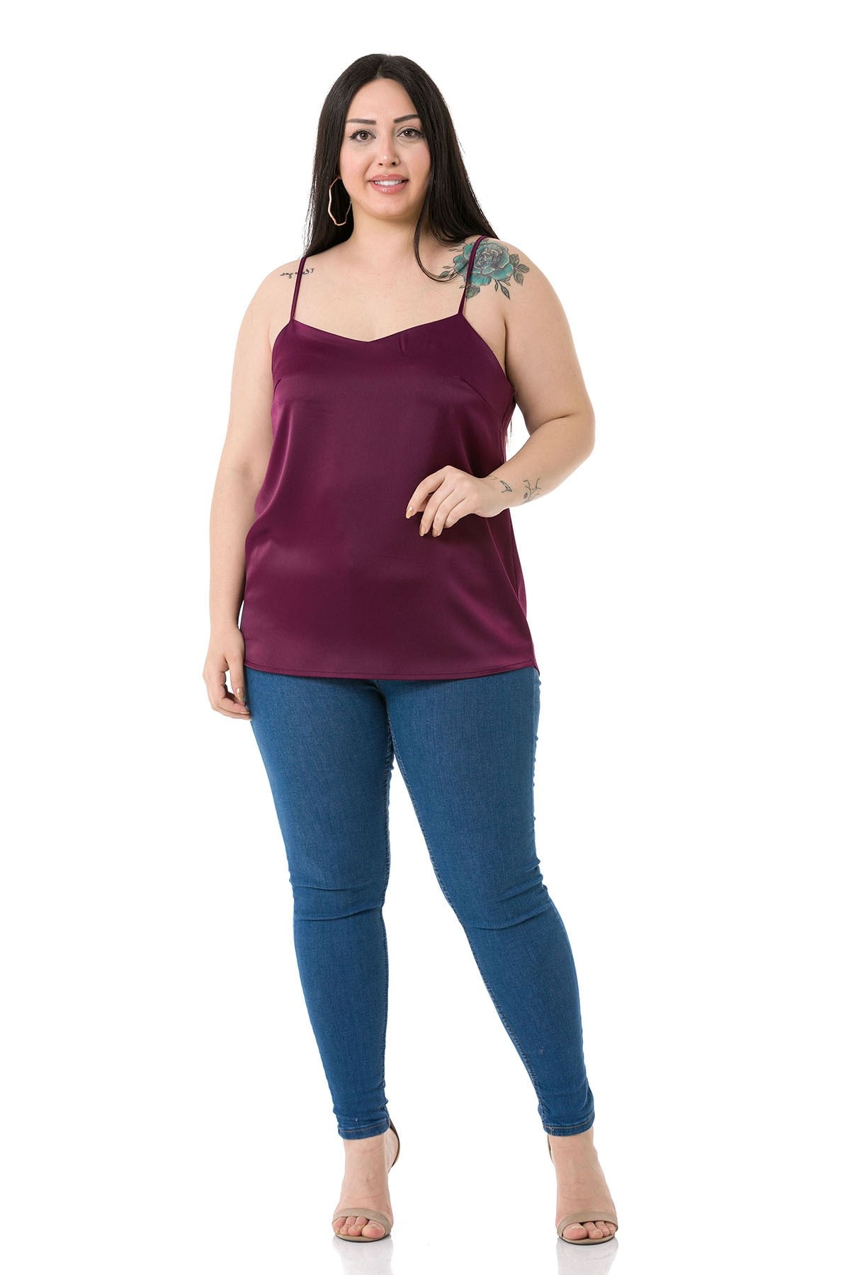 Plus Size Adjustable Thin Straps Satin Plum Blouse