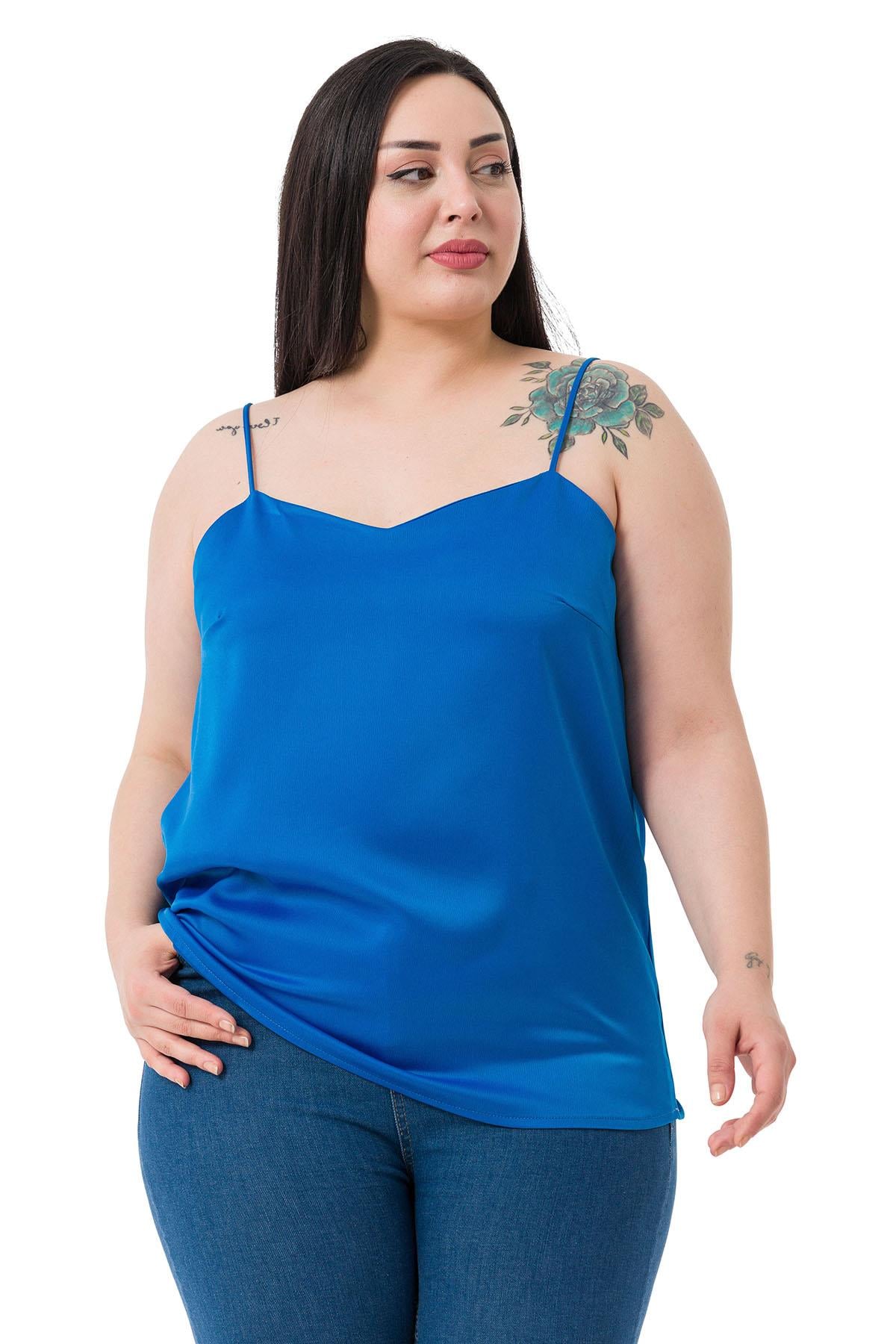 Plus Size Adjustable Thin Straps Satin Saks Blue Blouse