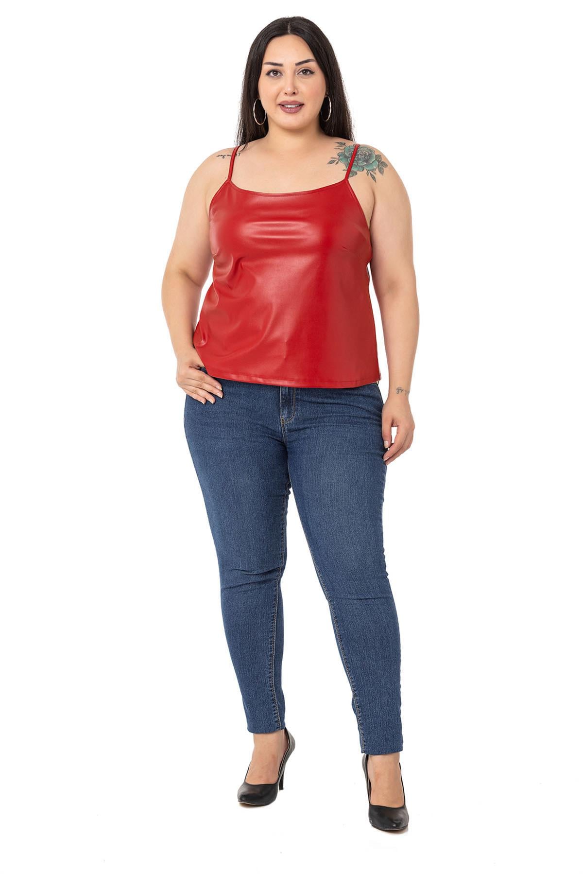 Plus Size Adjustable Thin Strap Elastic Back Leather Red Blouse