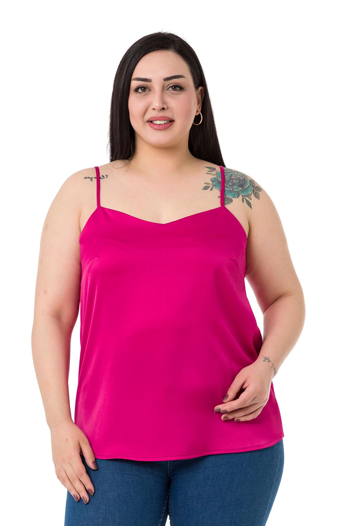 Plus Size Adjustable Thin Straps Satin Fuchsia Blouse