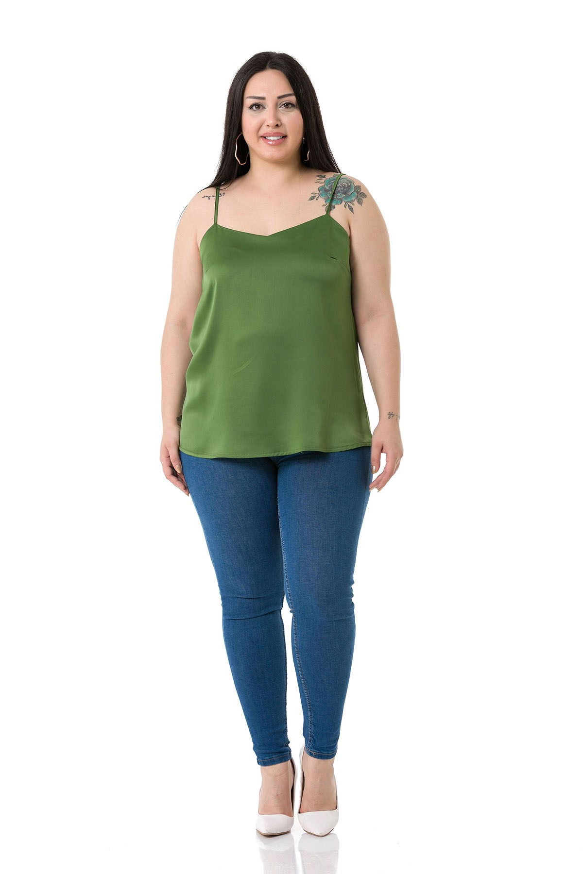 Plus Size Adjustable Thin Straps Satin Green Blouse