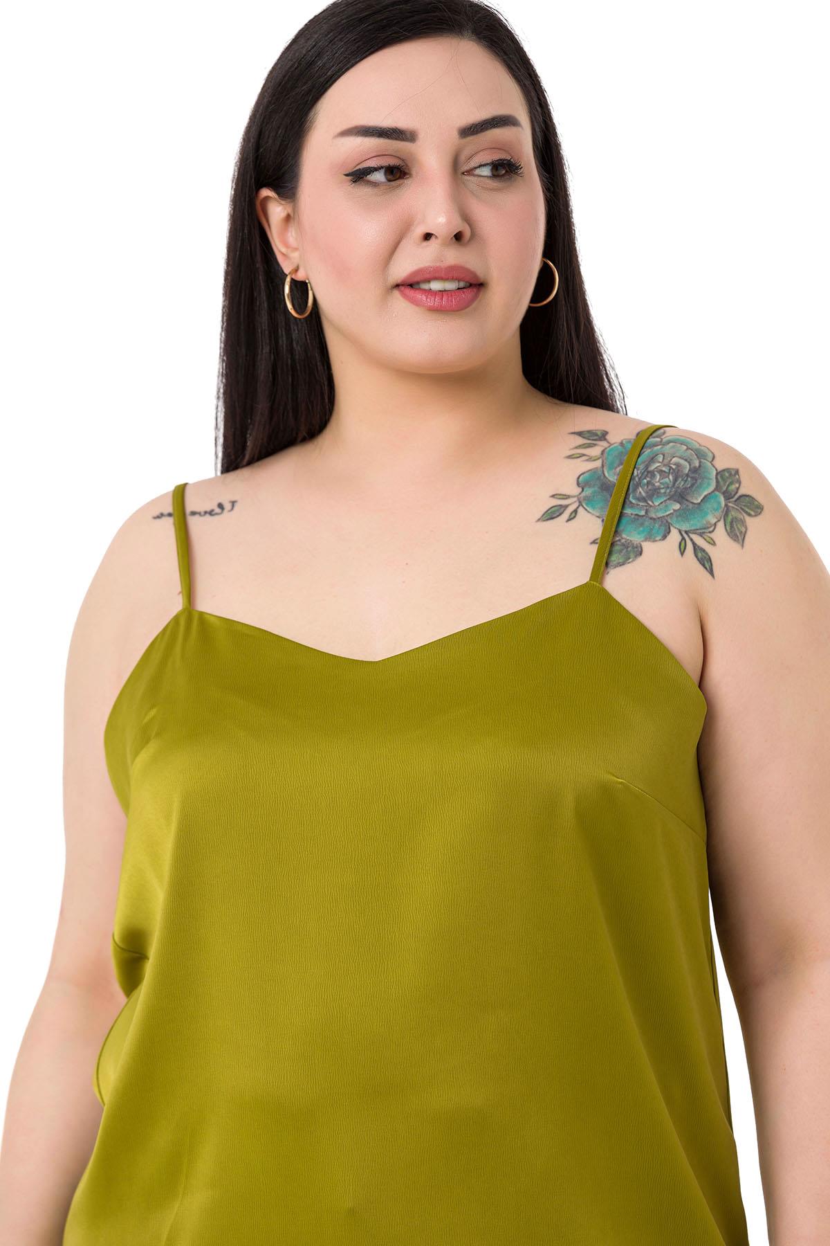 Plus Size Adjustable Thin Straps Satin Pistachio Blouse