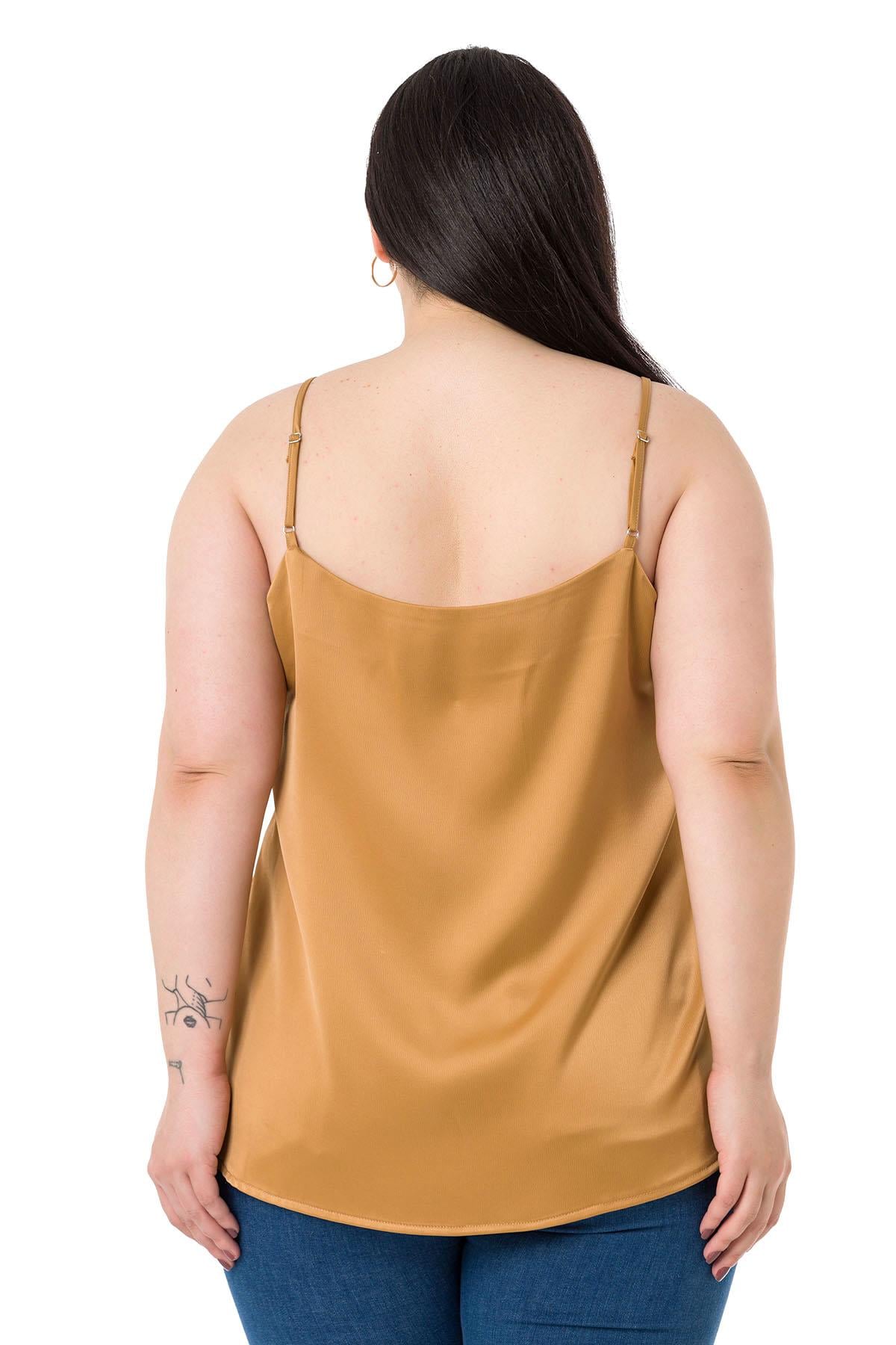 Plus Size Adjustable Thin Straps Satin Camel Blouse