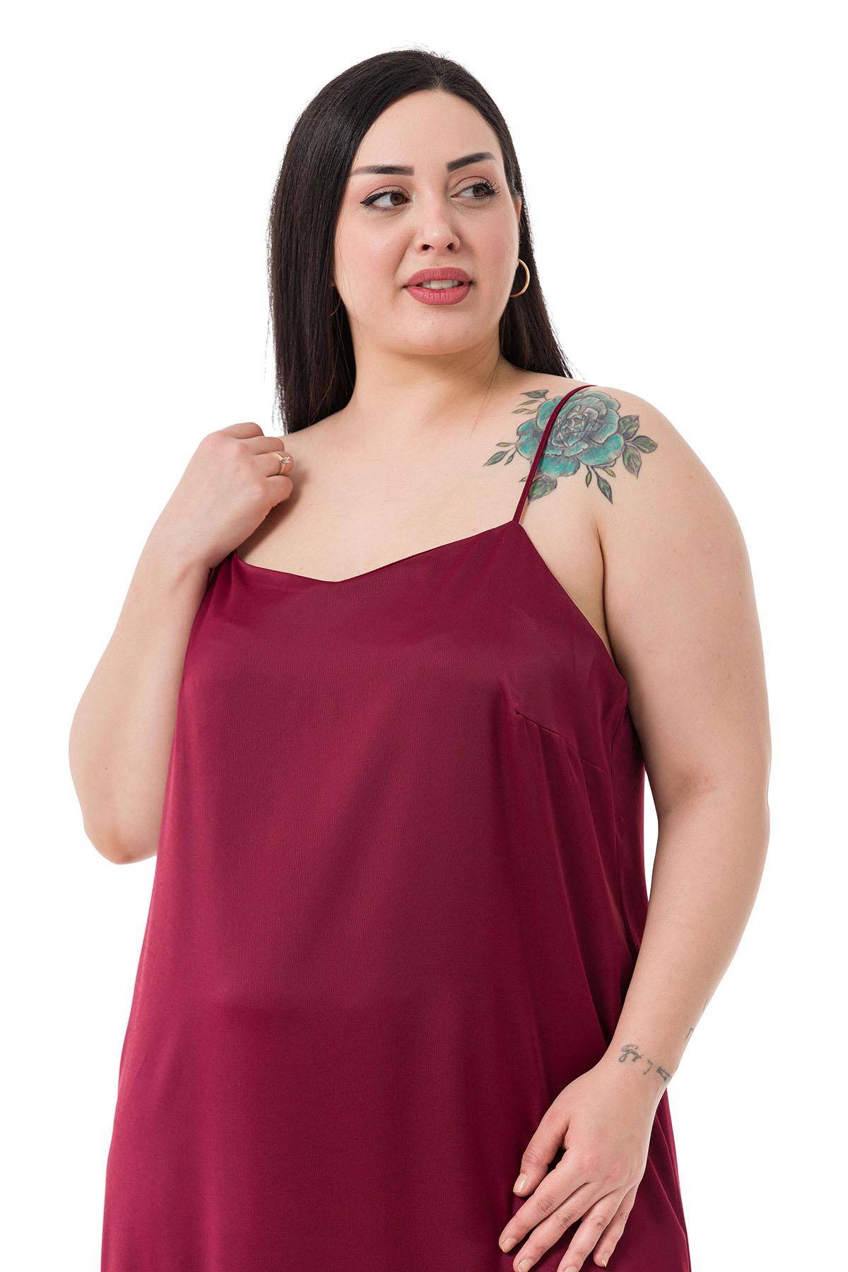 Plus Size Adjustable Thin Strap Satin Burgundy Dress with Side Slit