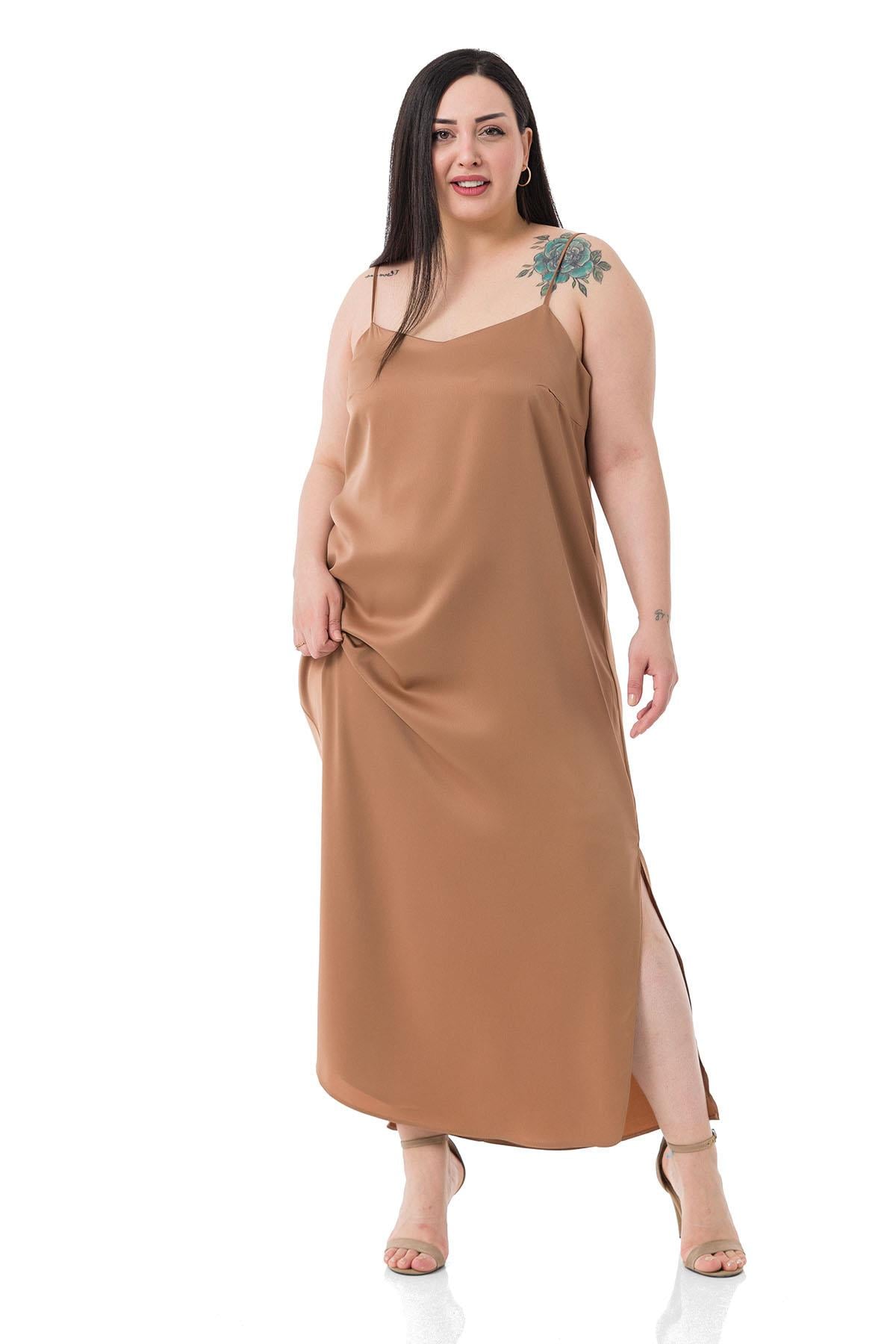 Plus Size Adjustable Thin Strap Satin Mink Dress with Side Slit