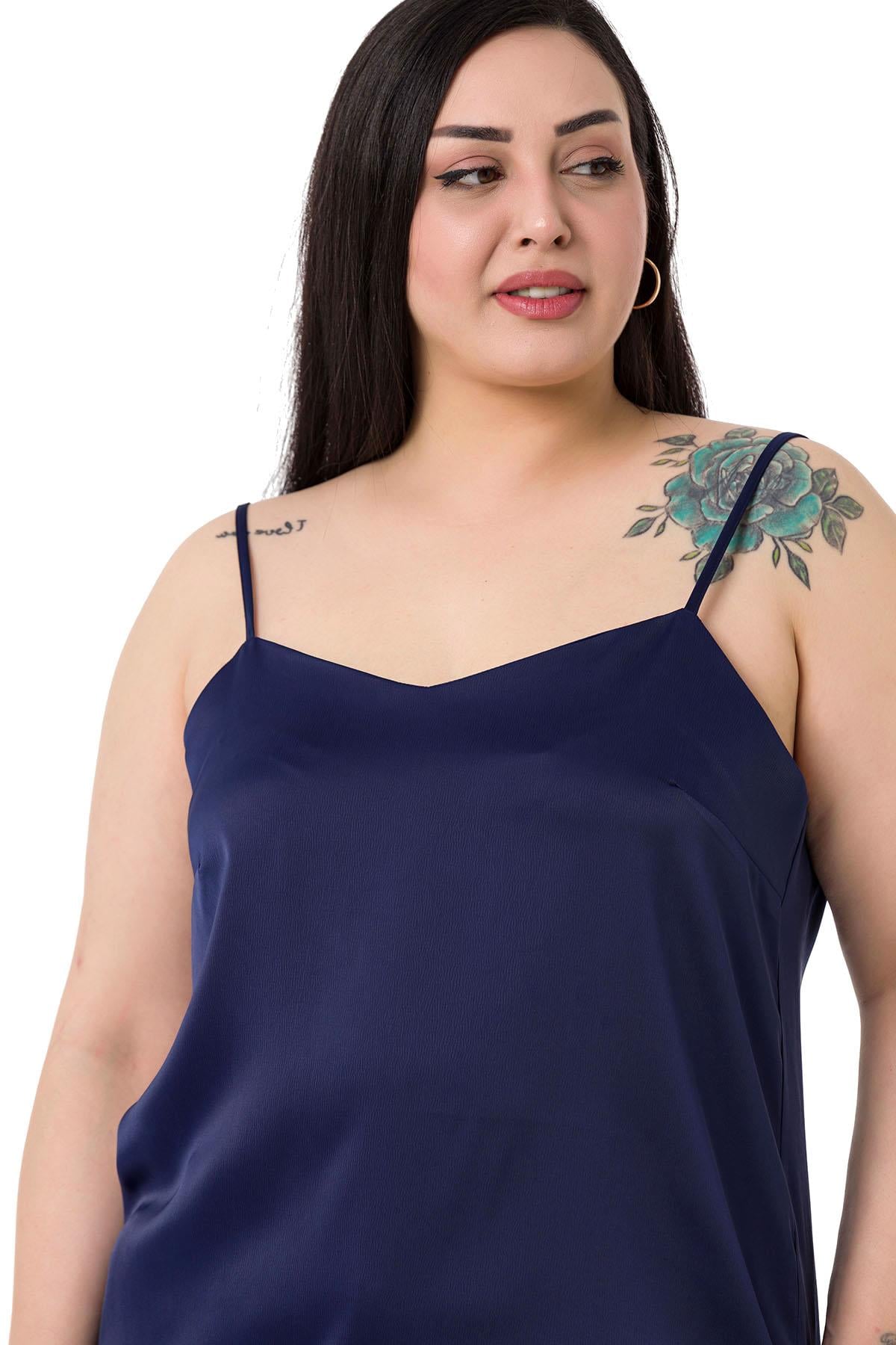 Plus Size Adjustable Thin Straps Satin Navy Blue Blouse