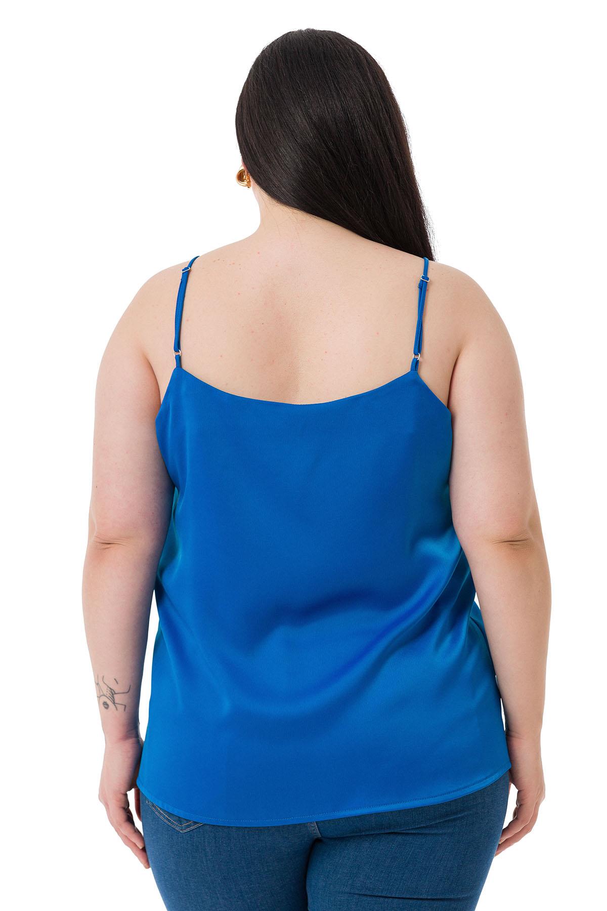 Plus Size Adjustable Thin Straps Satin Saks Blue Blouse
