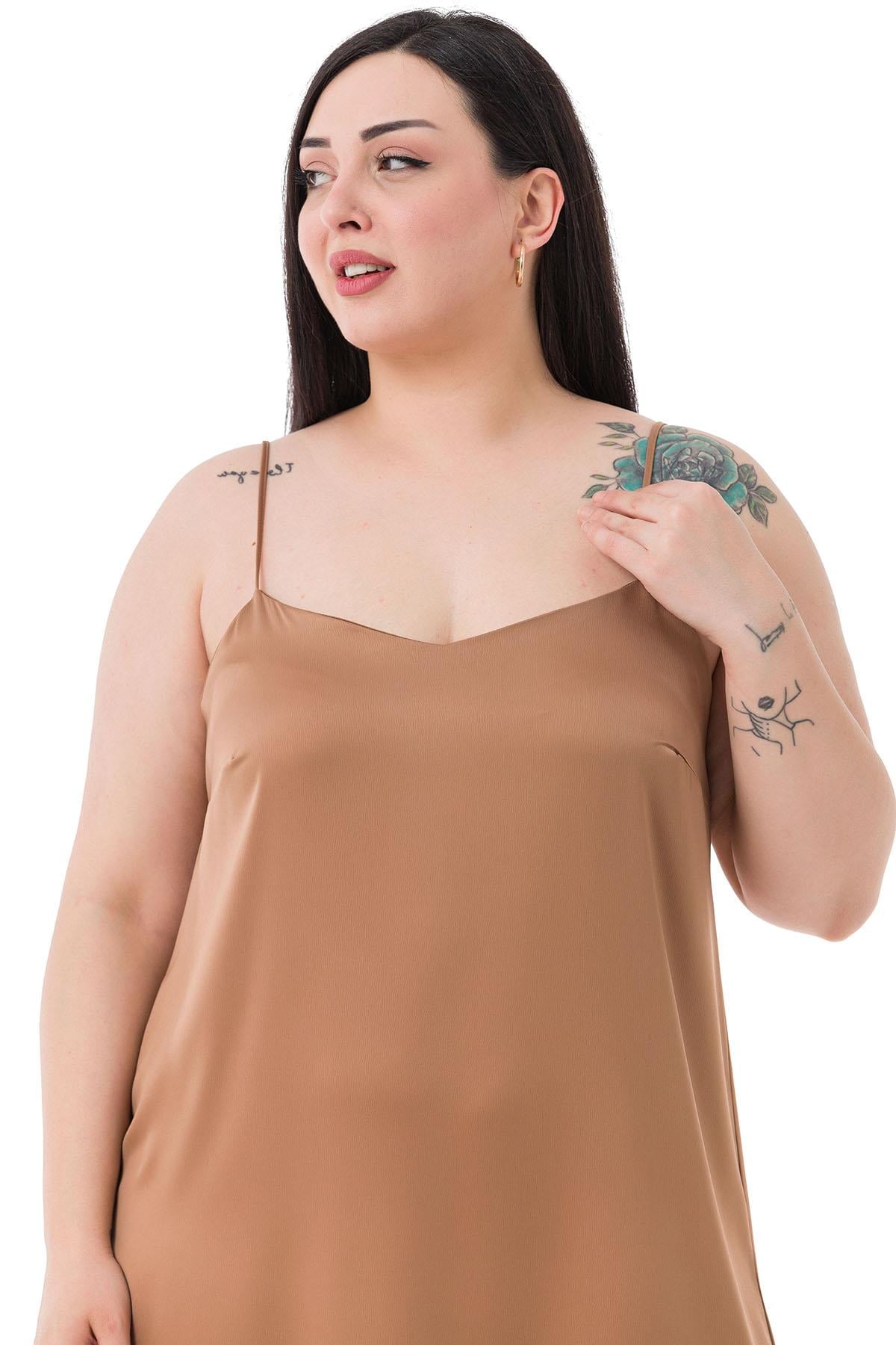 Plus Size Adjustable Thin Strap Satin Mink Dress with Side Slit
