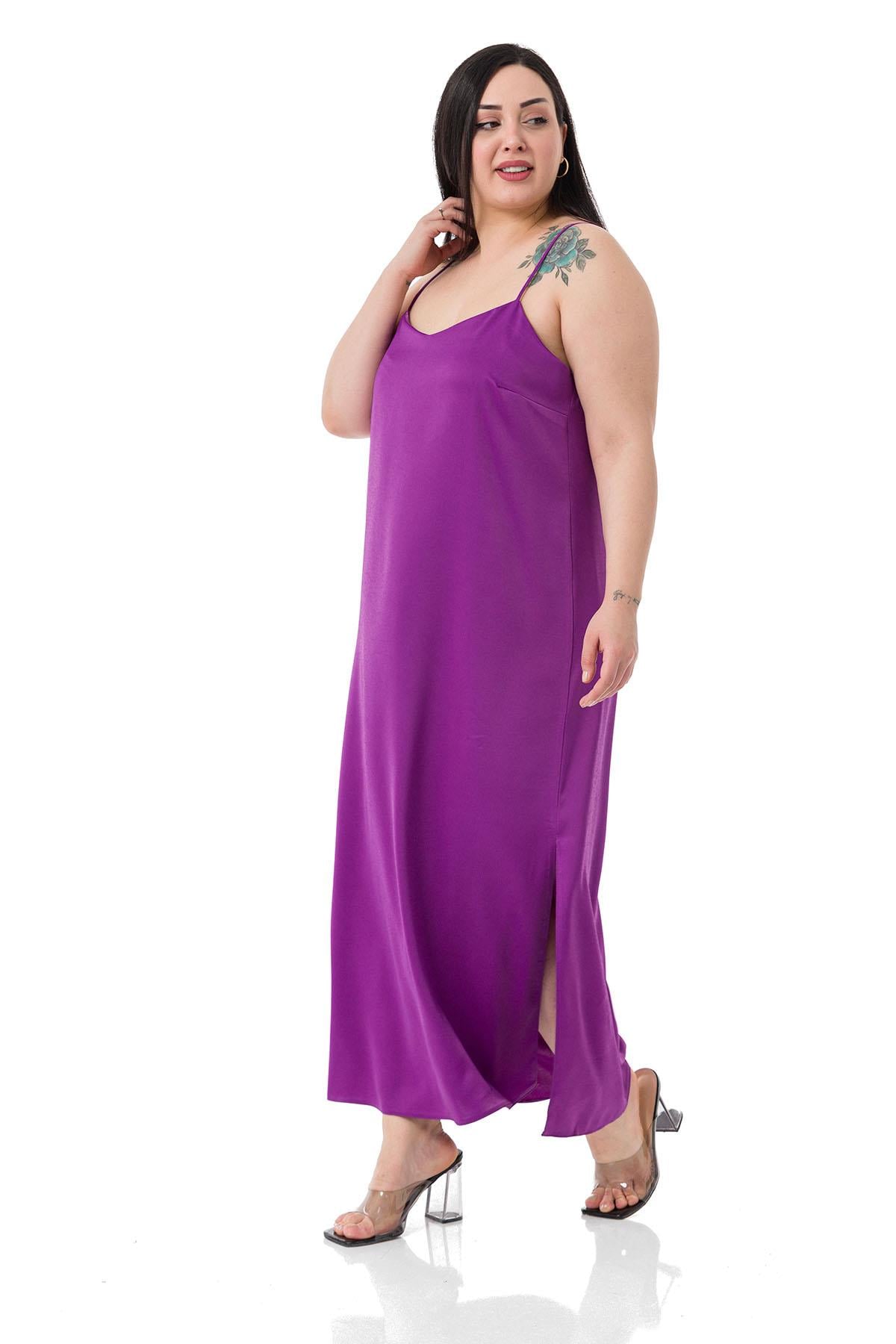 Plus Size Adjustable Thin Strap Satin Purple Dress with Side Slit