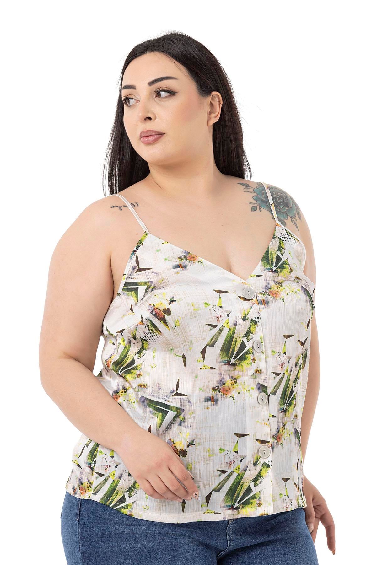 Plus Size Adjustable Thin Straps Front Buttoned Floral Patterned Green Blouse