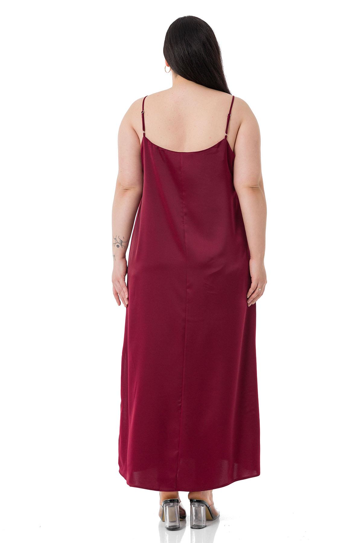 Plus Size Adjustable Thin Strap Satin Burgundy Dress with Side Slit