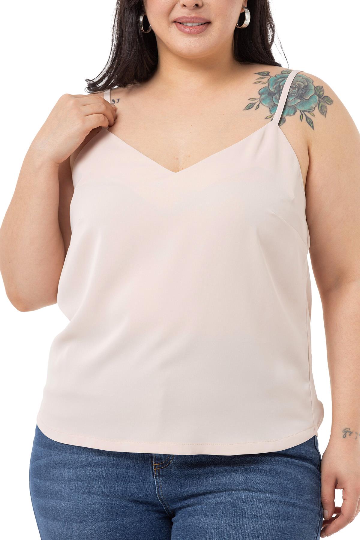 Plus Size Adjustable Thin Strap V Neck Beige Blouse