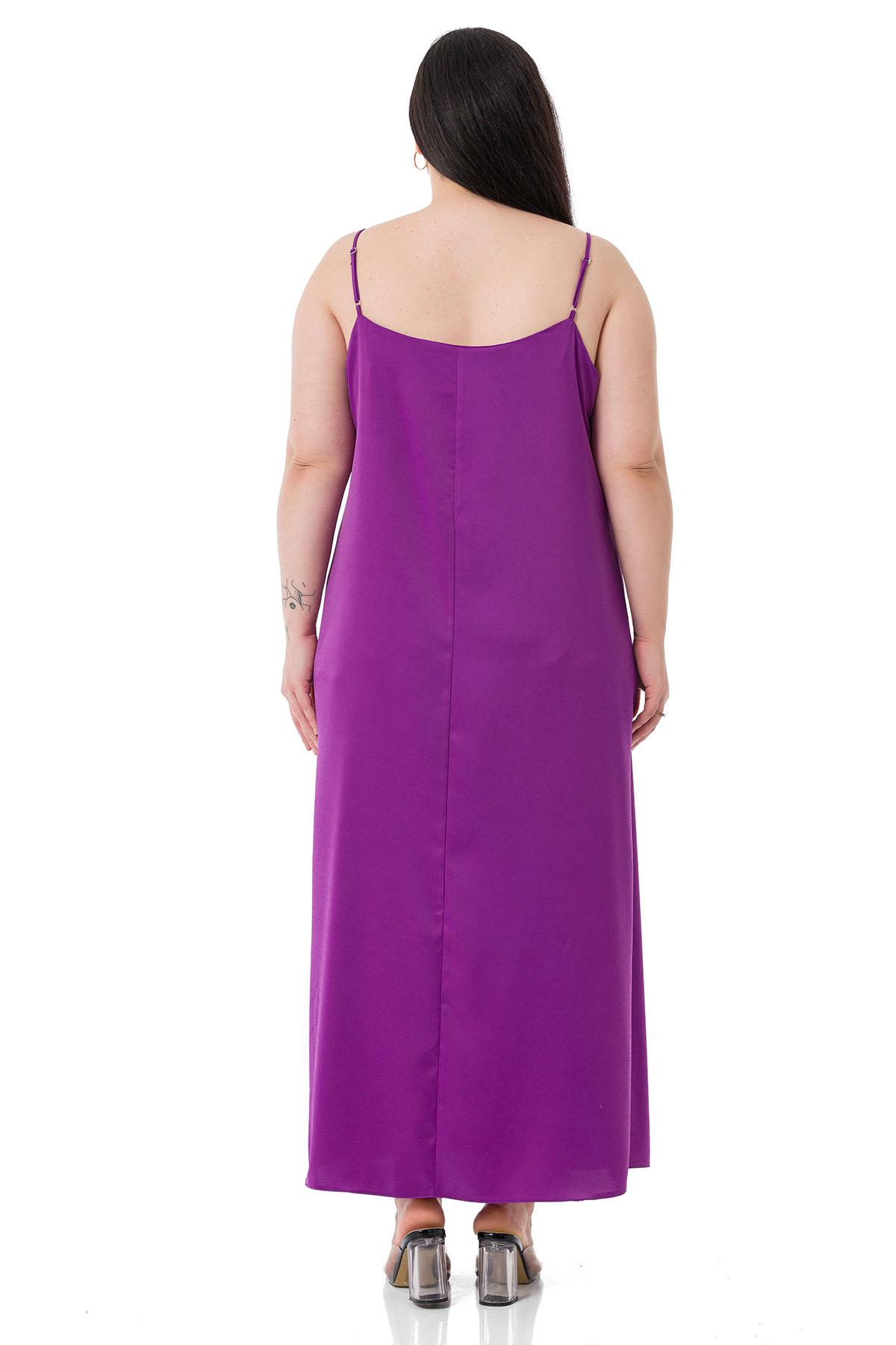 Plus Size Adjustable Thin Strap Satin Purple Dress with Side Slit
