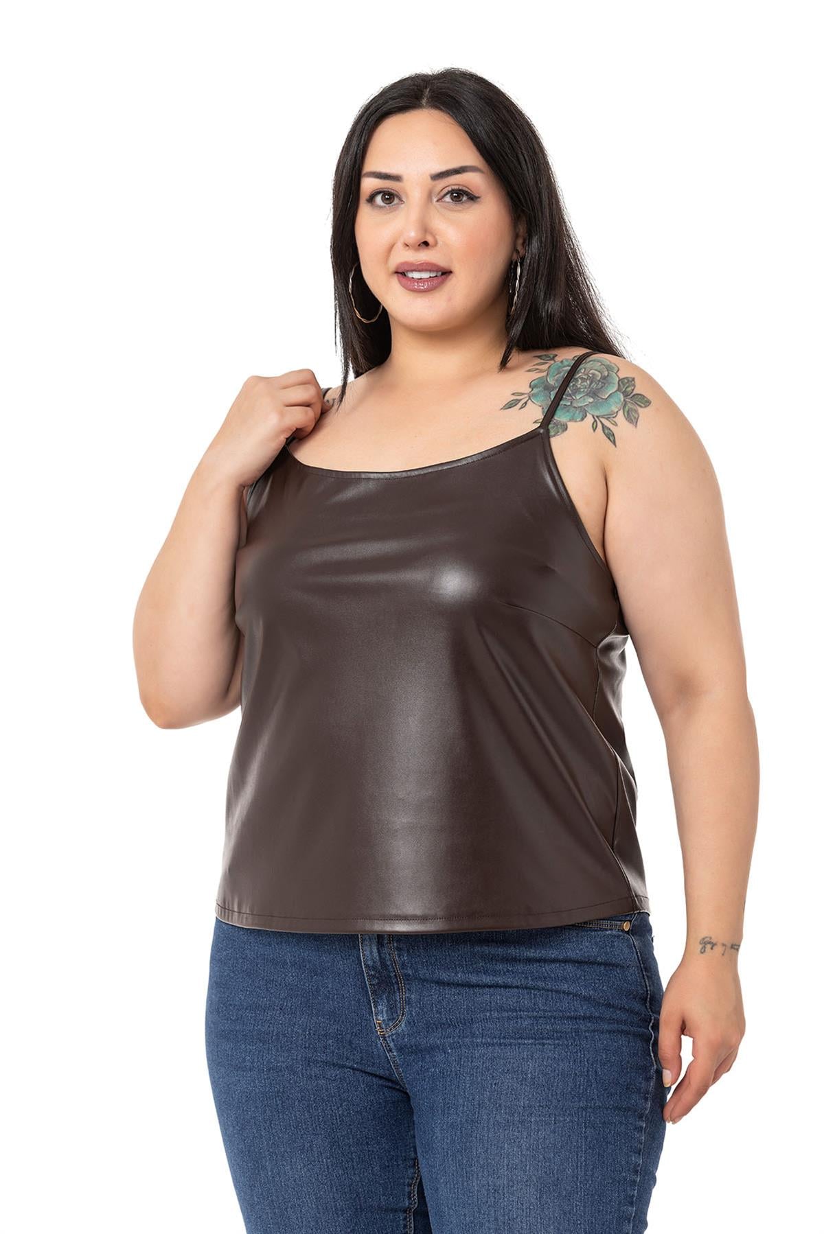 Plus Size Adjustable Thin Strap Elastic Back Leather Brown Blouse