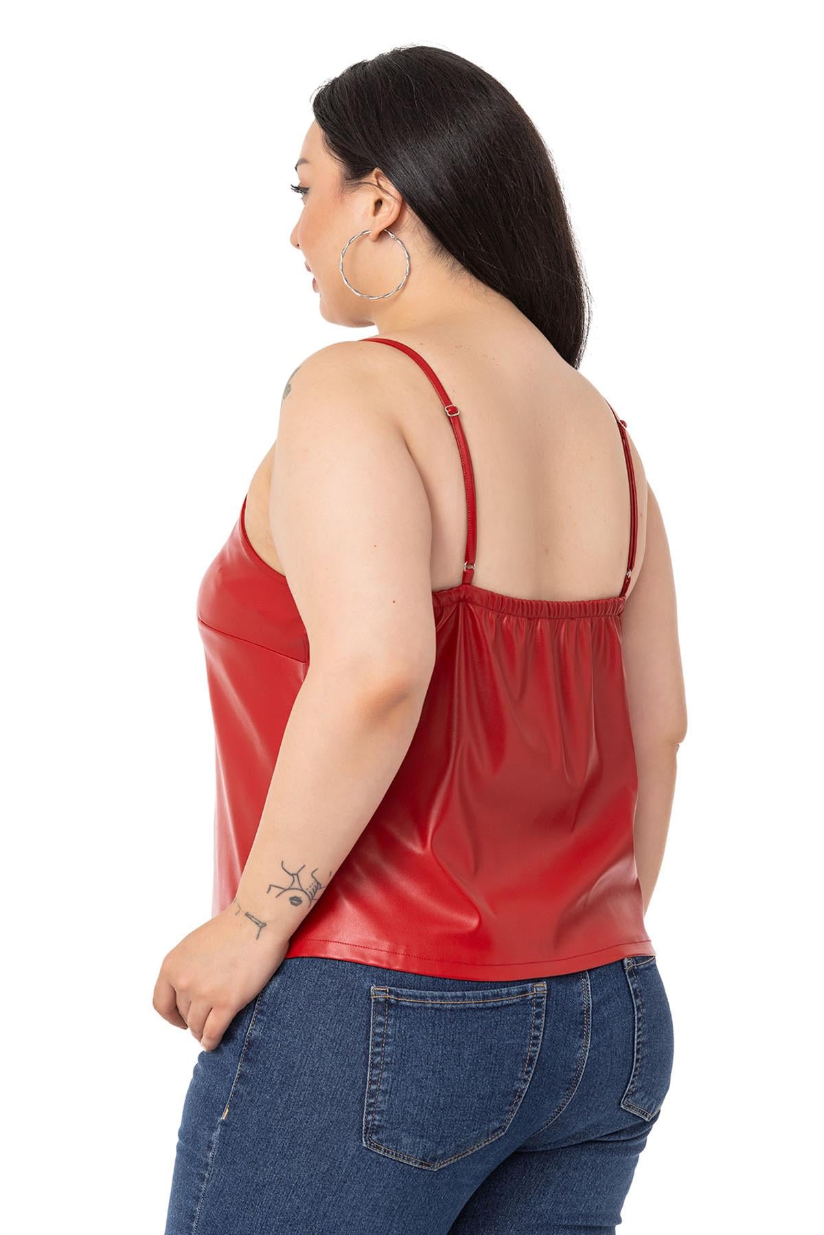 Plus Size Adjustable Thin Strap Elastic Back Leather Red Blouse